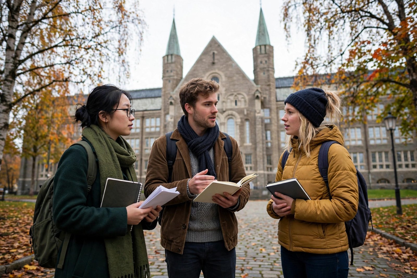Master's students discussing research outside a university building in Trondheim Norway while searching for master's scholarships