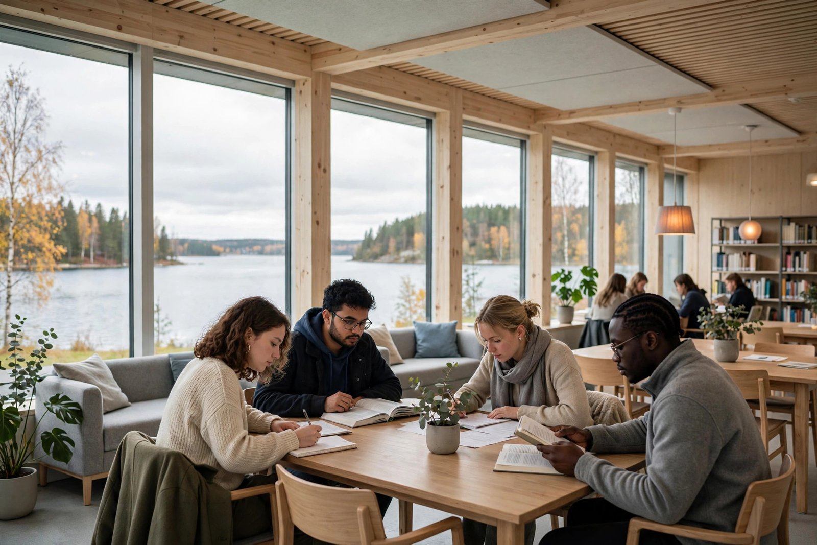 Students studying in a modern Finnish university library overlooking a lake while applying for scholarships in Finland
