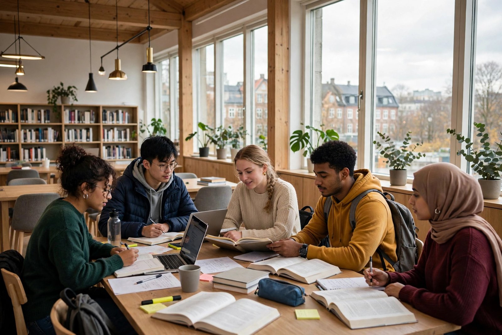 Students studying together in a bright Danish university library while planning scholarship applications for Denmark