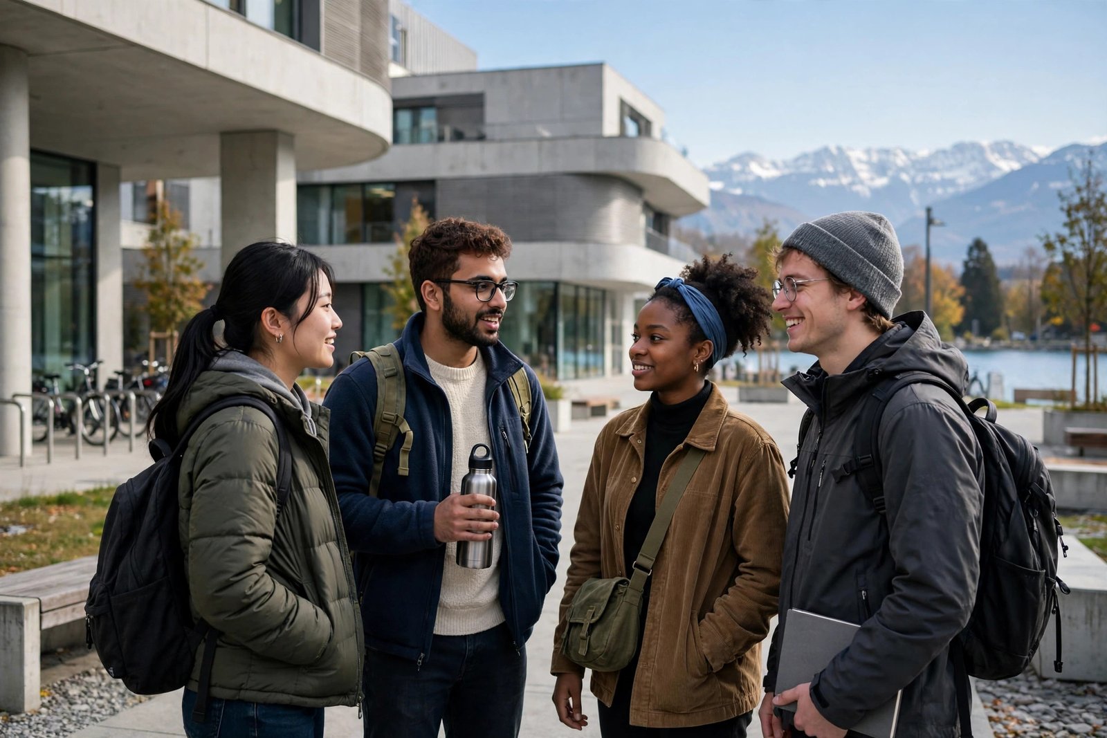 Graduate students outside a modern Swiss research university in Lausanne while exploring Swiss scholarship options