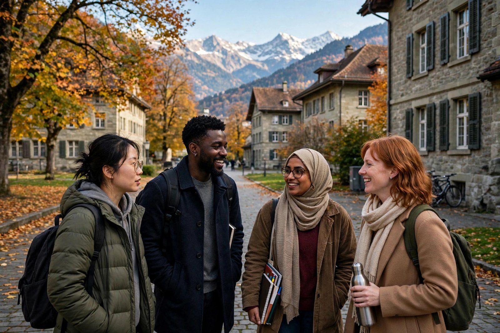Doctoral students walking on a Swiss university campus in autumn while holding Swiss Government Excellence scholarships