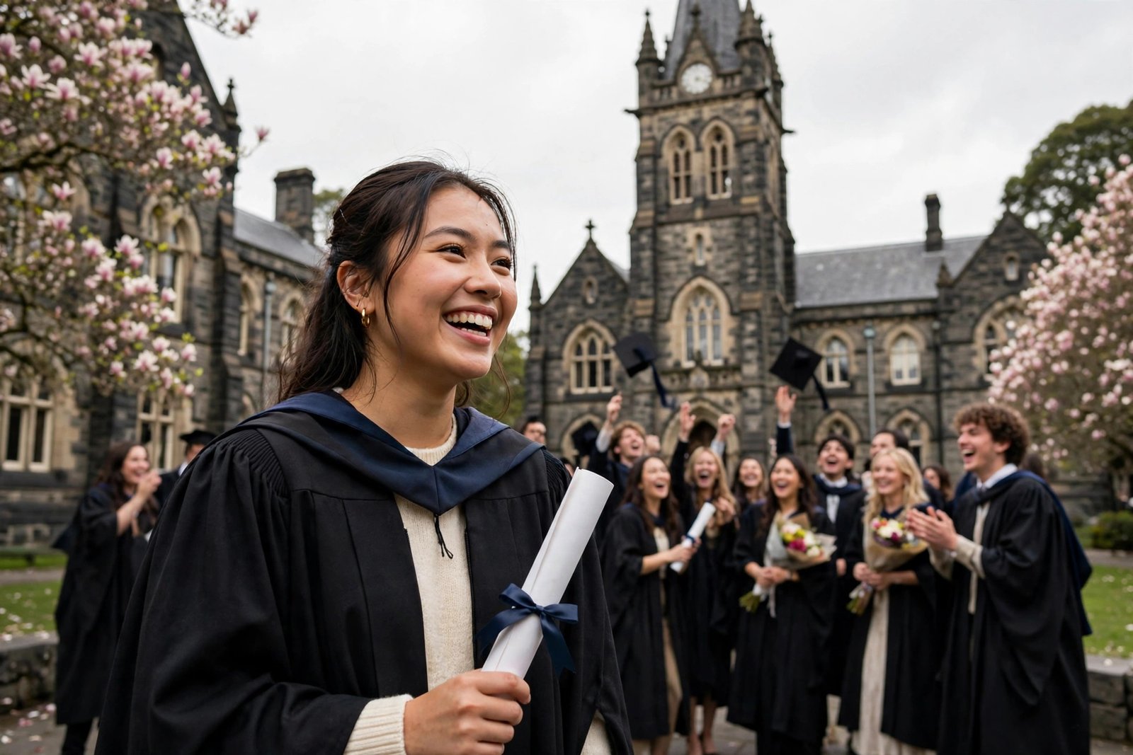 Graduating international student celebrating a fully funded scholarship in New Zealand outside a historic university clock tower