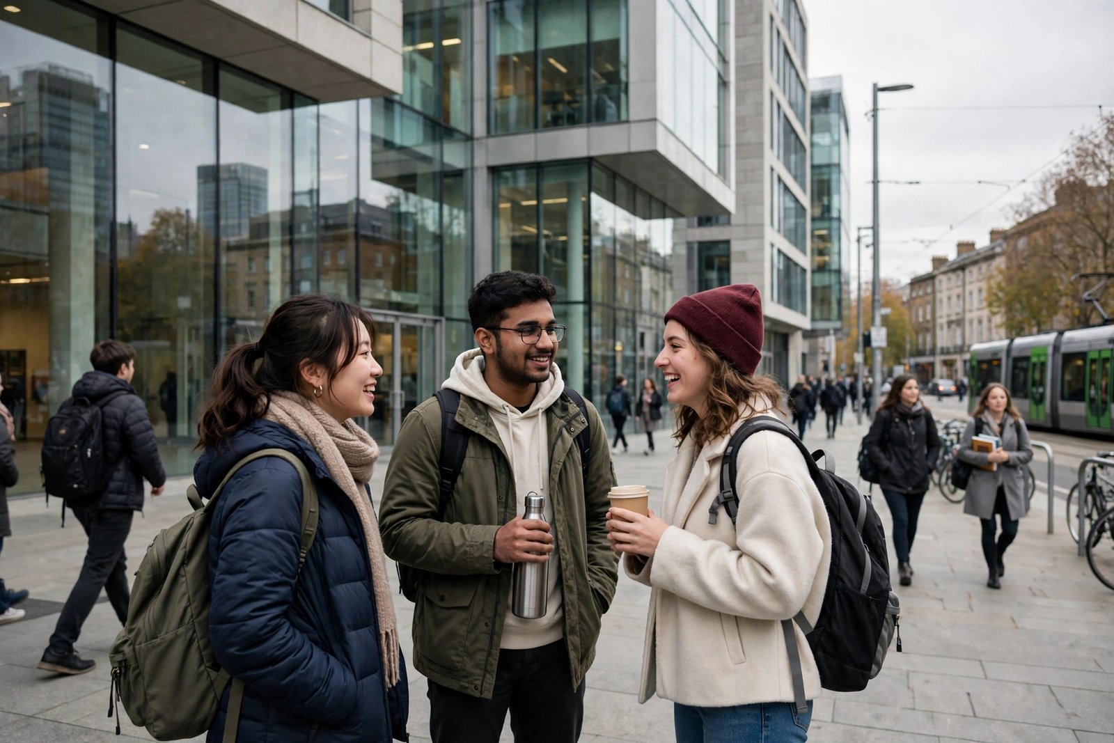 Students outside a modern Dublin university building discussing Irish university scholarships and GOI-IES applications