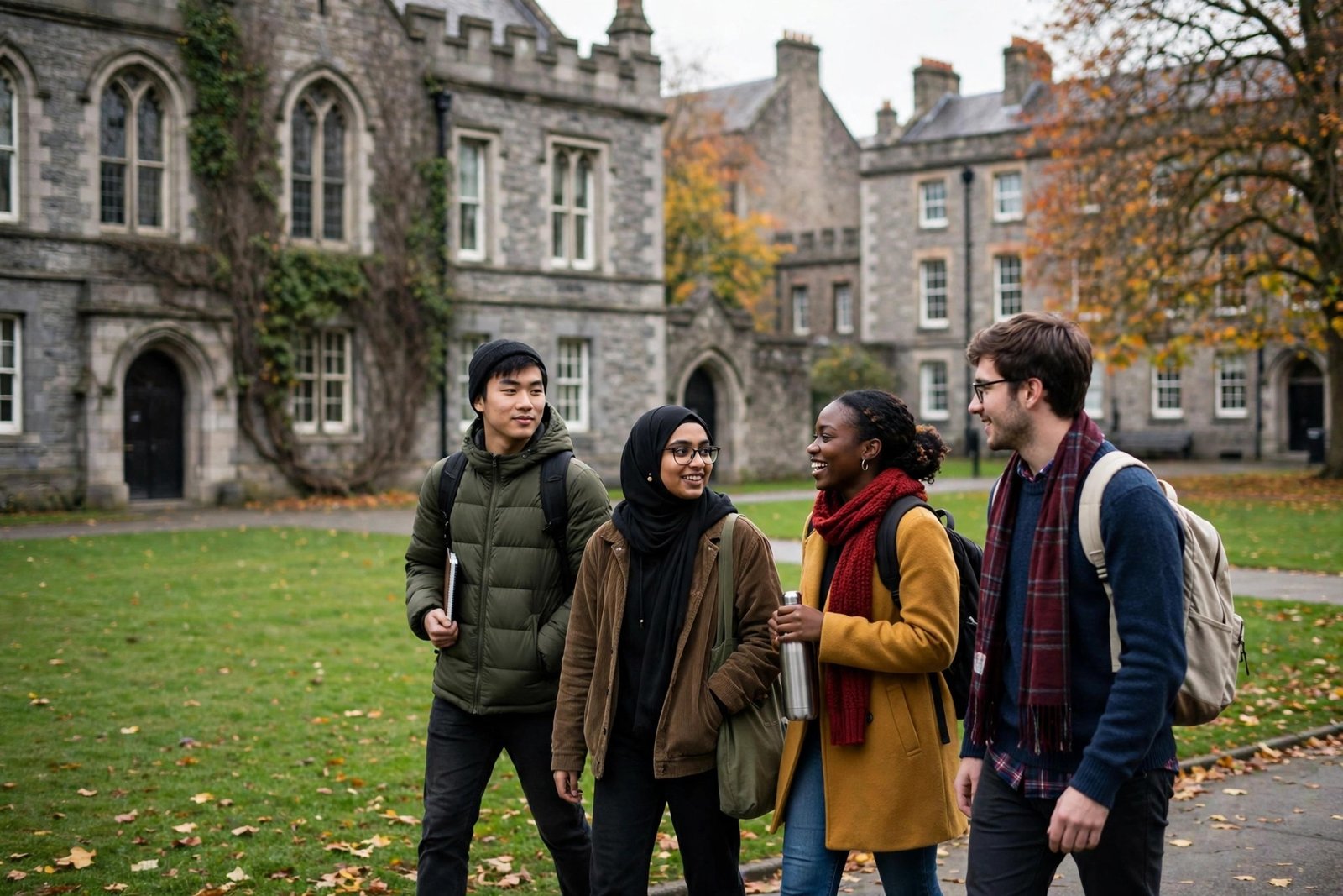 International students walking across a historic Irish university campus while researching fully funded scholarships in Ireland