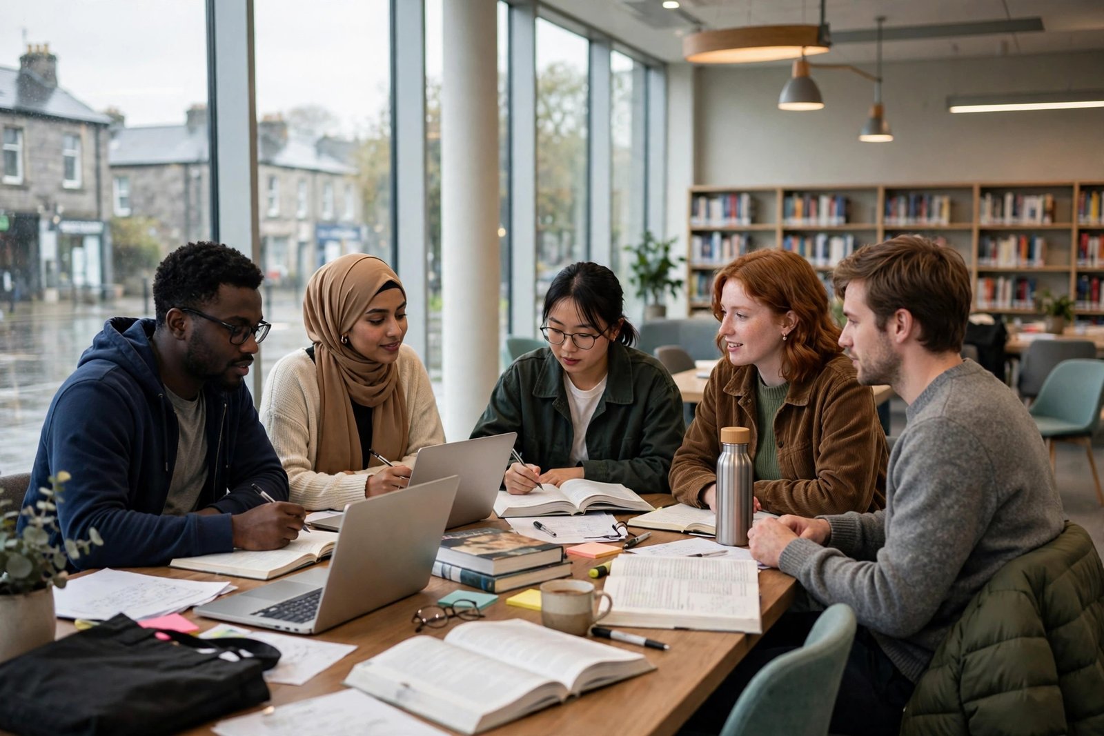 Postgraduate students studying together in an Irish university library while preparing scholarship applications for Ireland