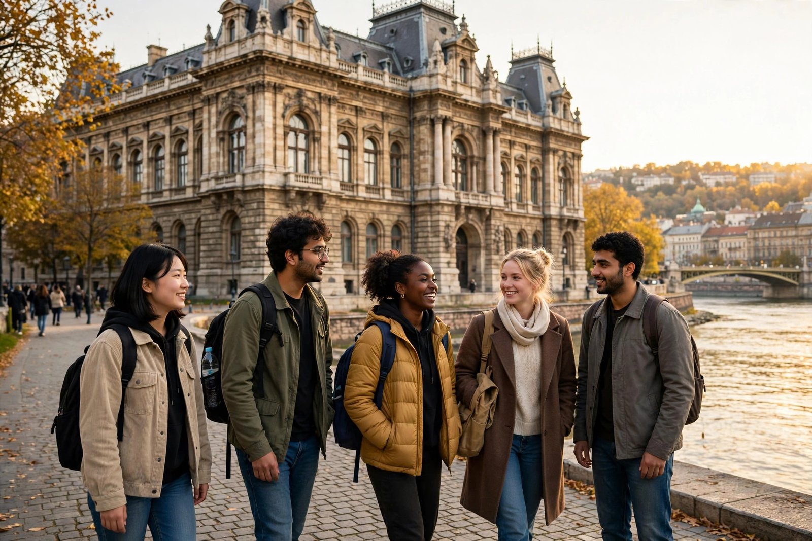 International students walking near a historic university building in Budapest while exploring scholarships in Hungary