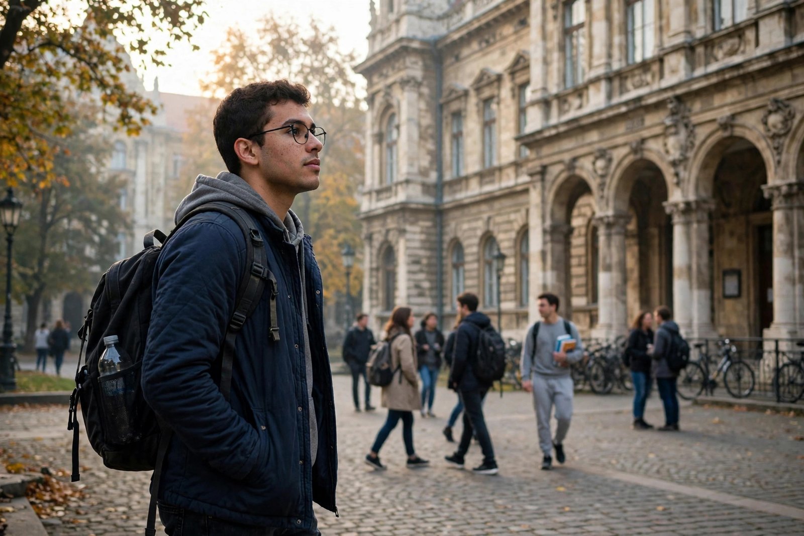 A Stipendium Hungaricum scholarship student arriving at a Hungarian university campus in Budapest for a fully funded degree
