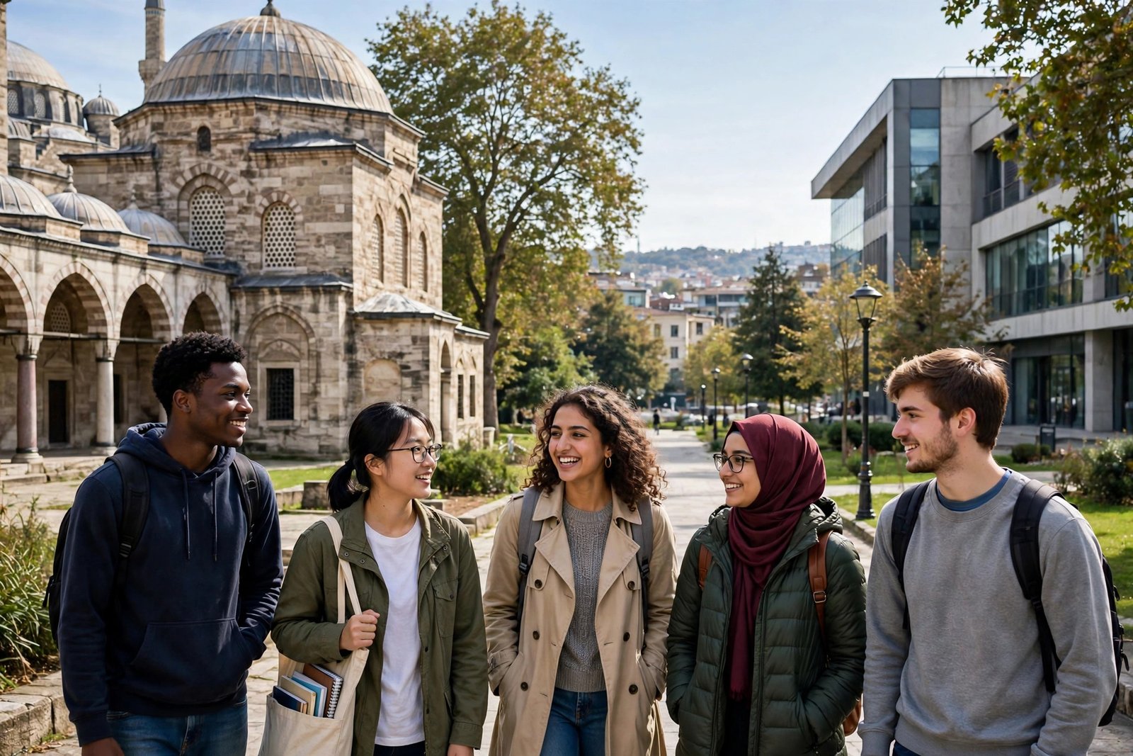International students walking on a university campus in Istanbul, Turkey, with historic architecture behind them