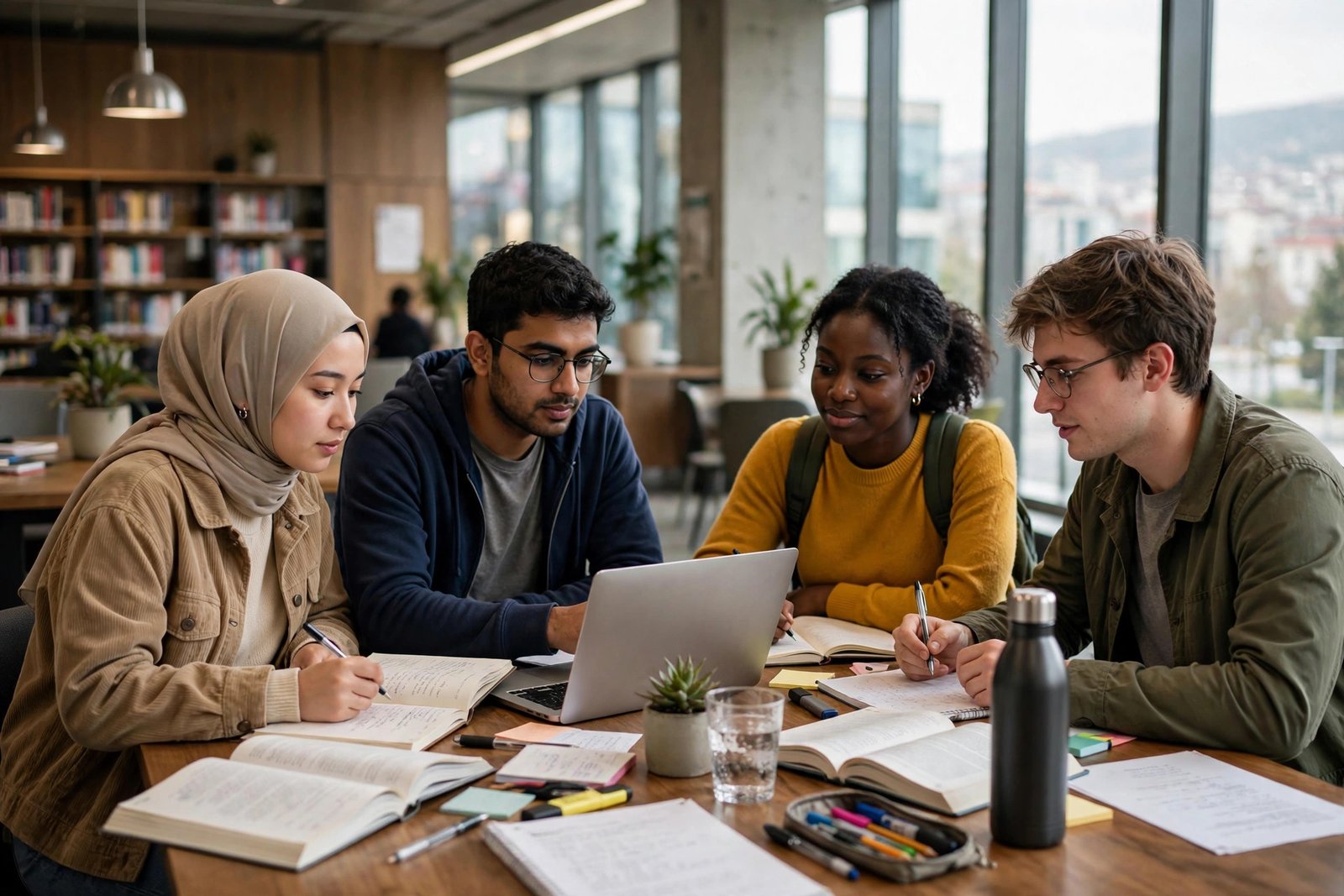 International students studying together in a modern university library in Ankara, Turkey