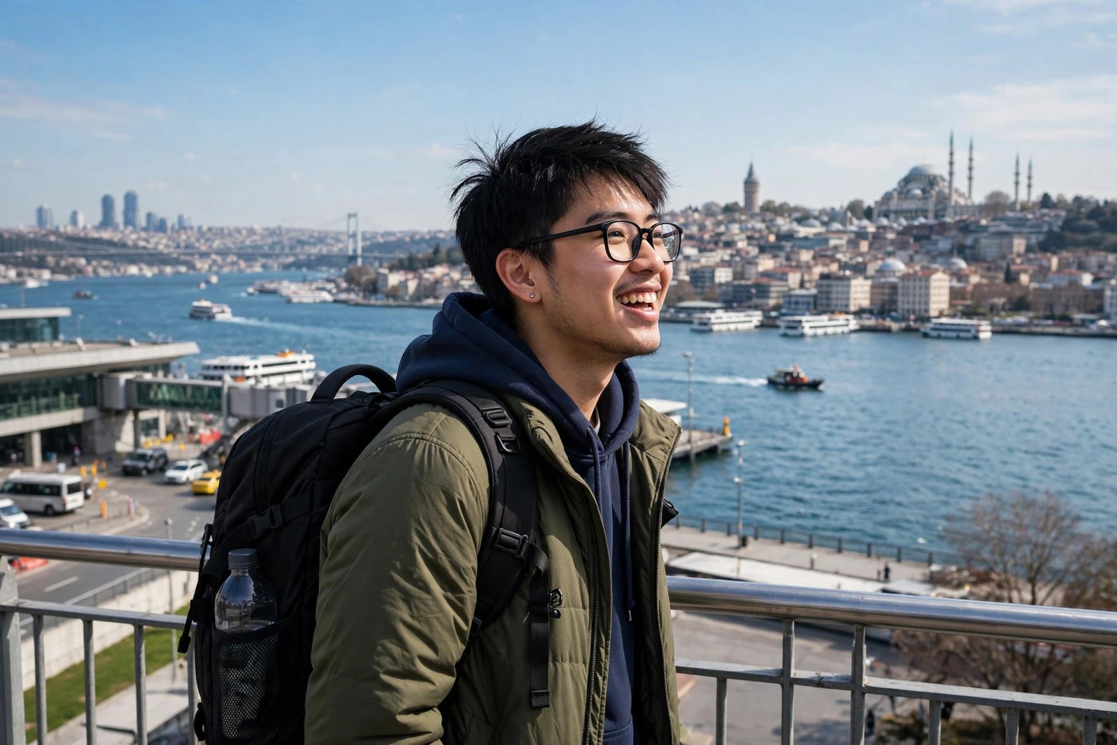International student arriving to study in Istanbul, Turkey, with the Bosphorus and city skyline behind