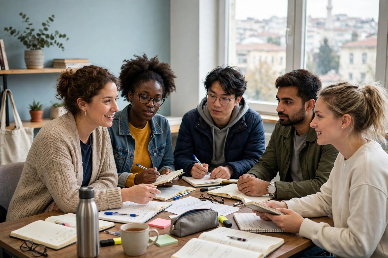 International graduate students learning Turkish in a language class in Turkey before starting their degrees