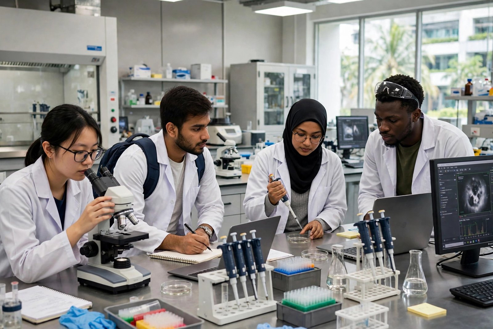 Postgraduate international students conducting research in a modern university laboratory in Malaysia