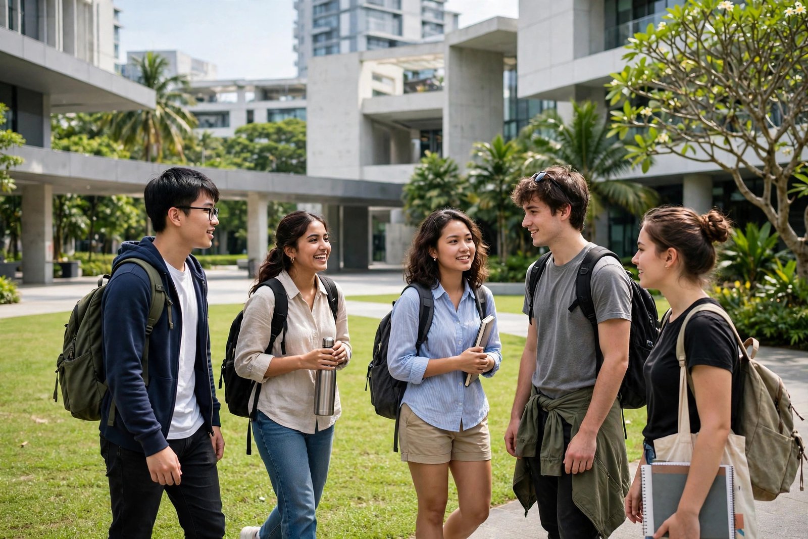 International undergraduate students on a modern university campus in Singapore, scholarships in Singapore for international students