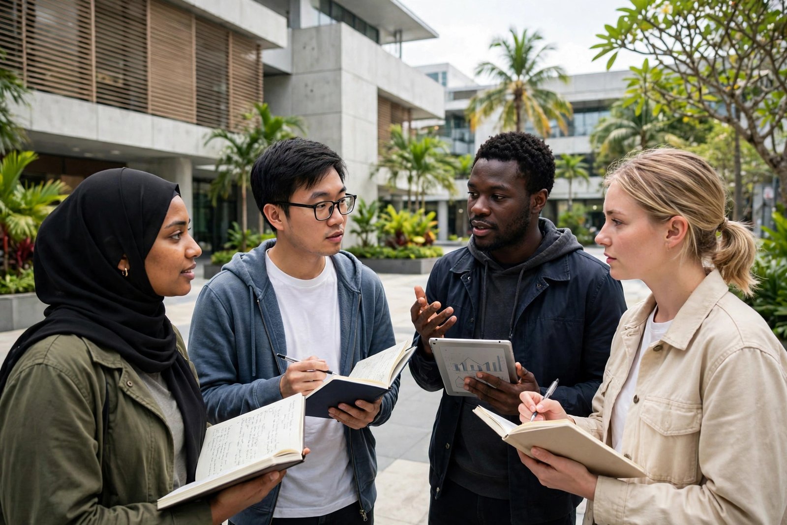 Doctoral students discussing research outside a modern Singapore research university, PhD scholarships in Singapore