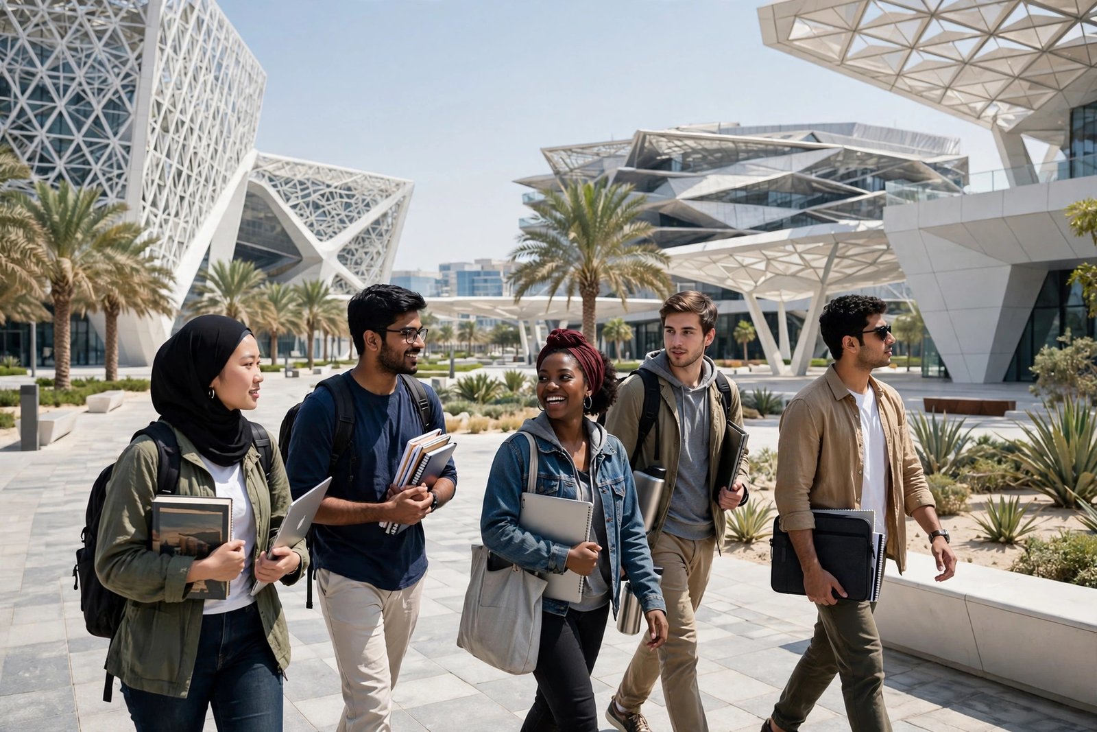 International graduate students on a modern university campus in Abu Dhabi applying for scholarships in UAE