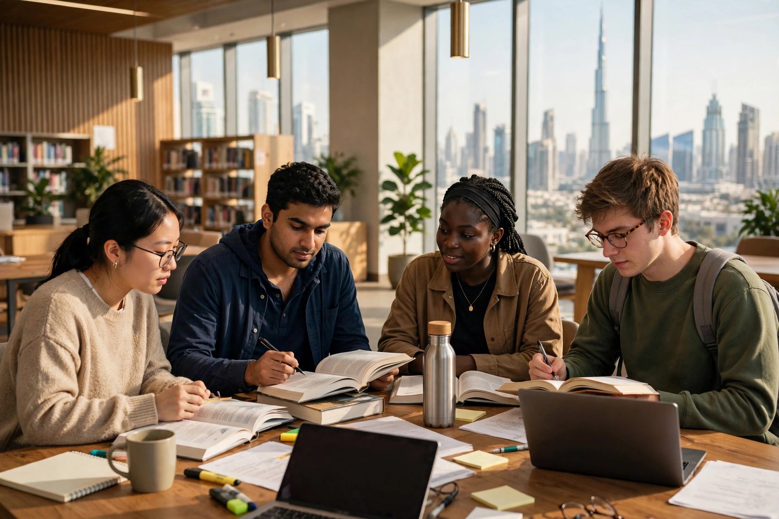 Students researching MBZUAI and Khalifa University scholarships in UAE in a modern Abu Dhabi library