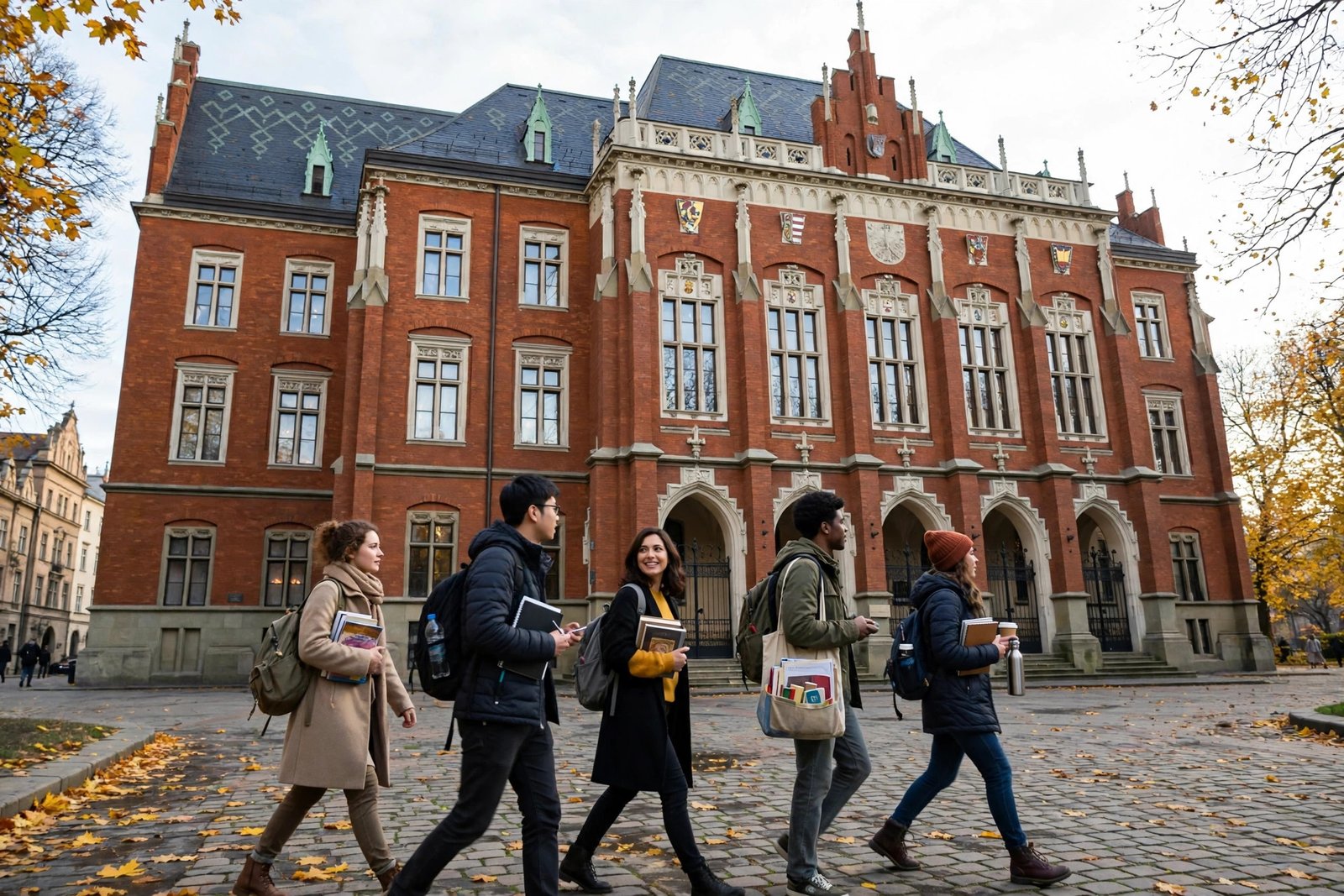 International students at a historic university in Krakow applying for scholarships in Poland