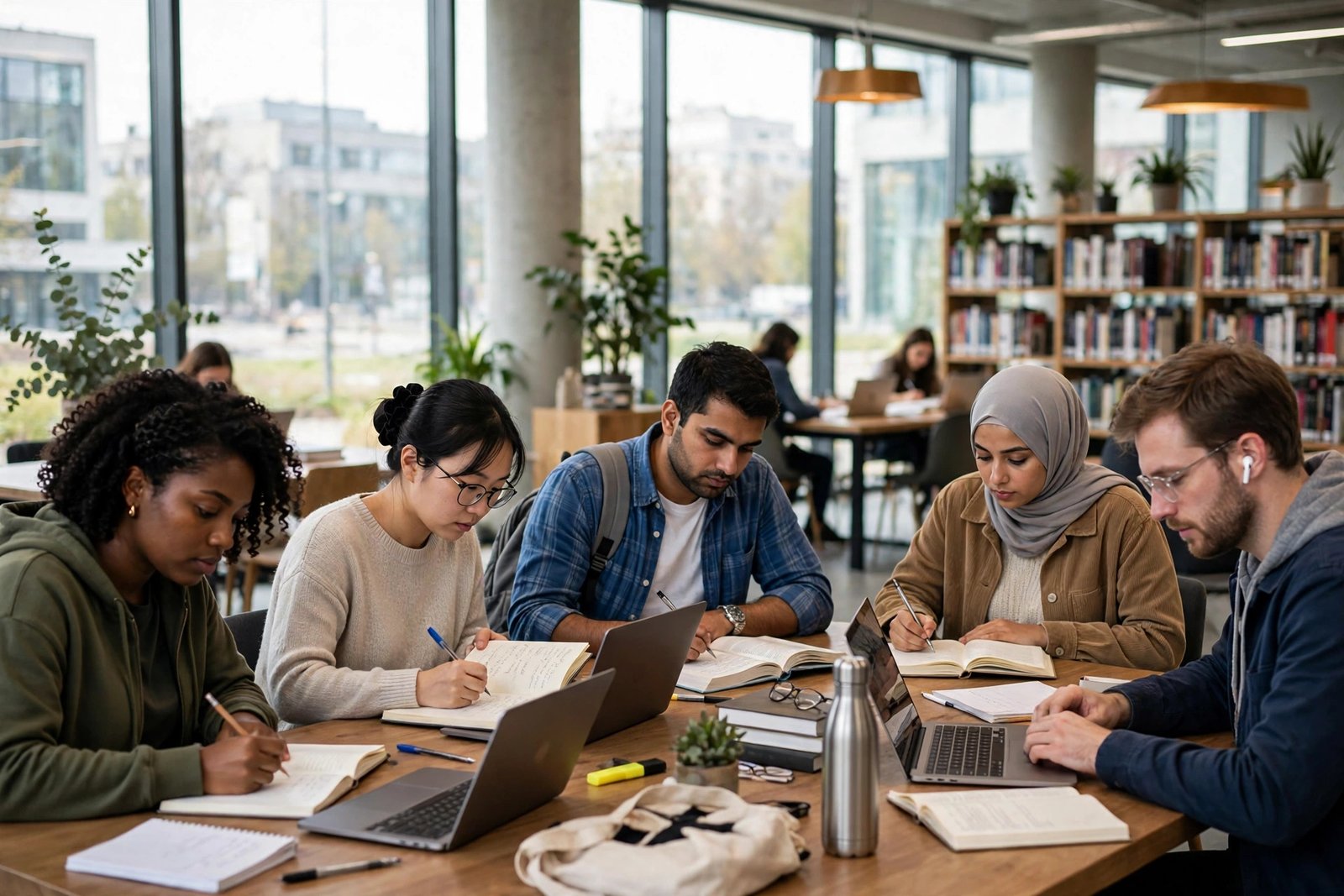 Students studying in a Warsaw university library while preparing NAWA scholarship applications for Poland