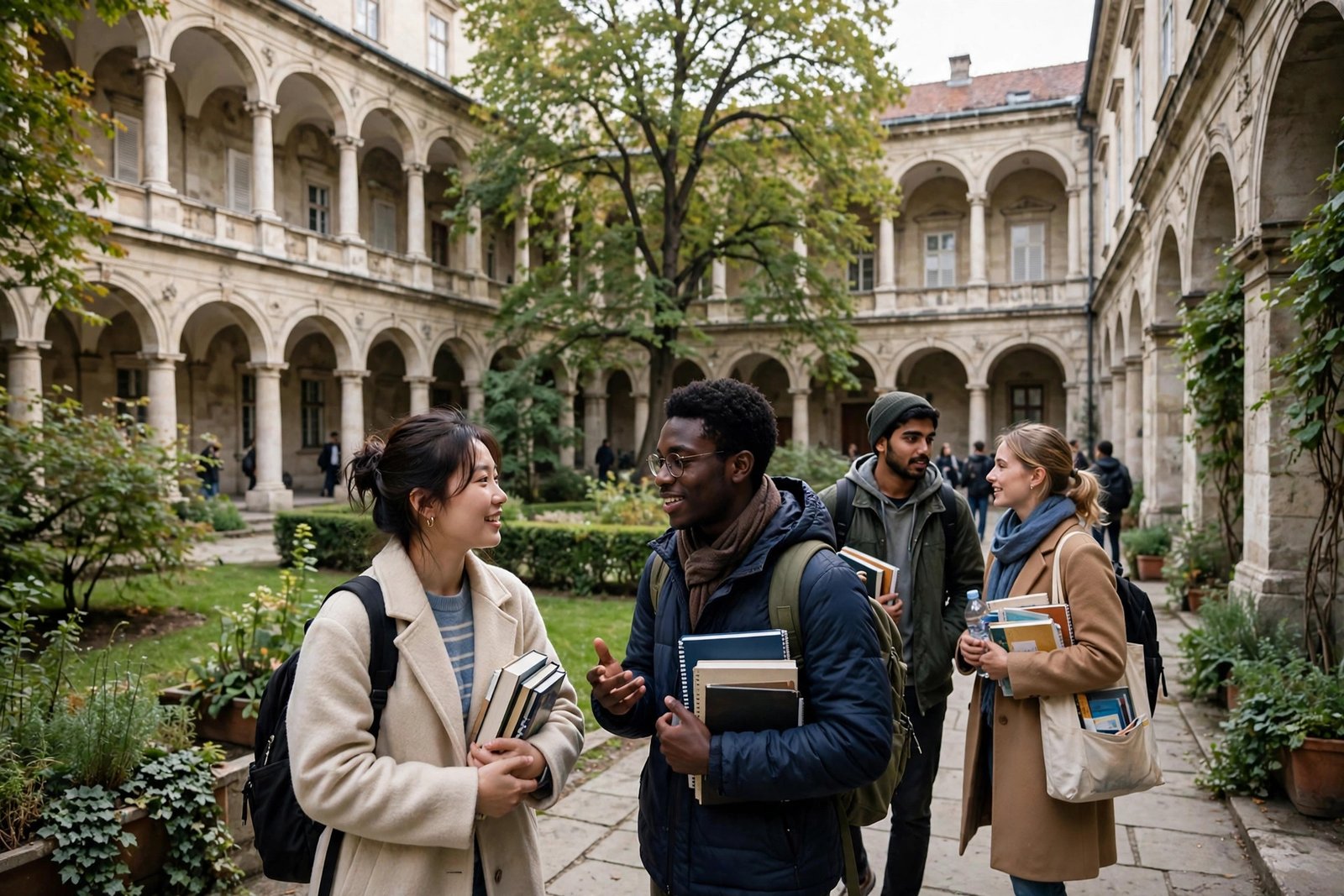 International students on a historic university campus in Vienna applying for scholarships in Austria
