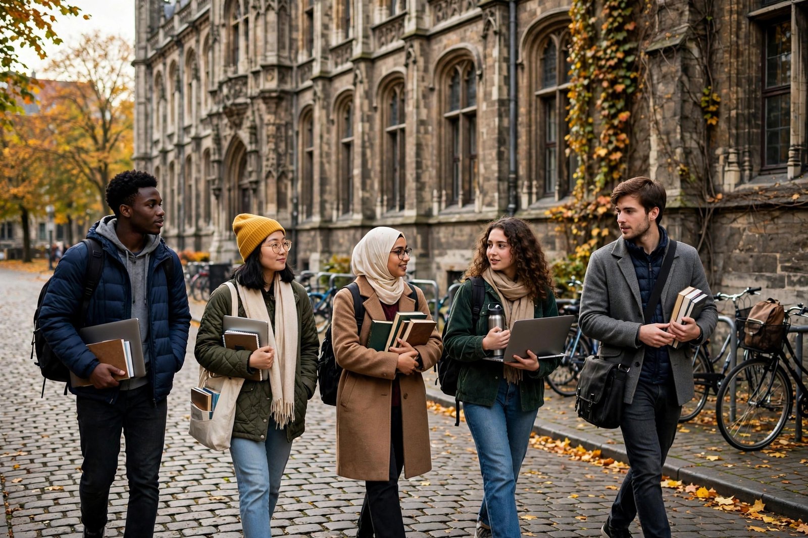 International students walking past a historic university building in Leuven while researching scholarships in Belgium for international students