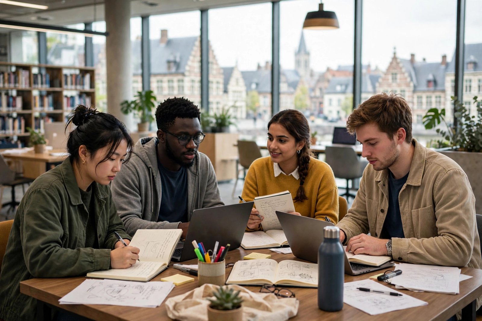 Graduate students studying together in a bright library in Ghent while comparing fully funded scholarships in Belgium