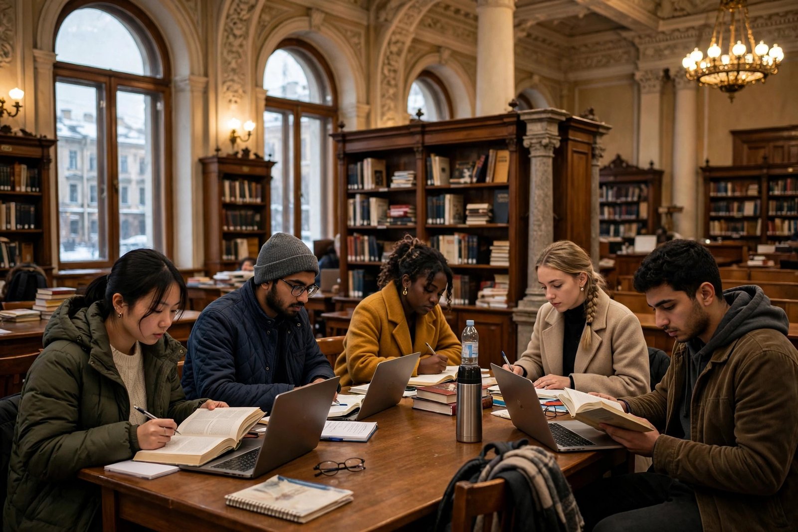 International students studying in a Russian university library in Saint Petersburg after winning a Russian government quota scholarship