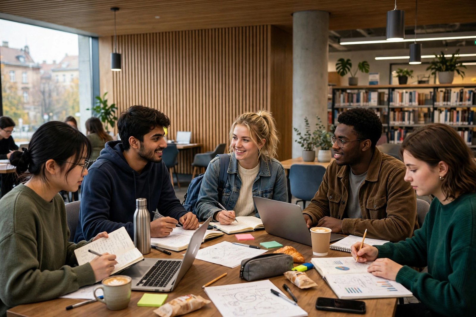 International students studying in a modern university library in Brno supported by scholarships in the Czech Republic