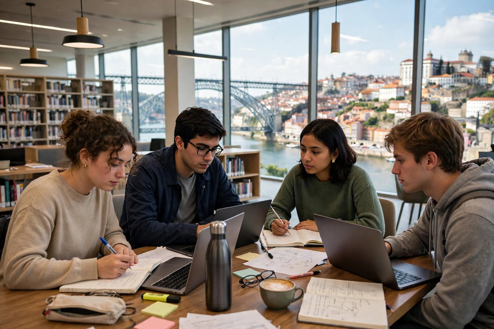 Students studying in a university library in Porto while researching scholarships in Portugal for international students