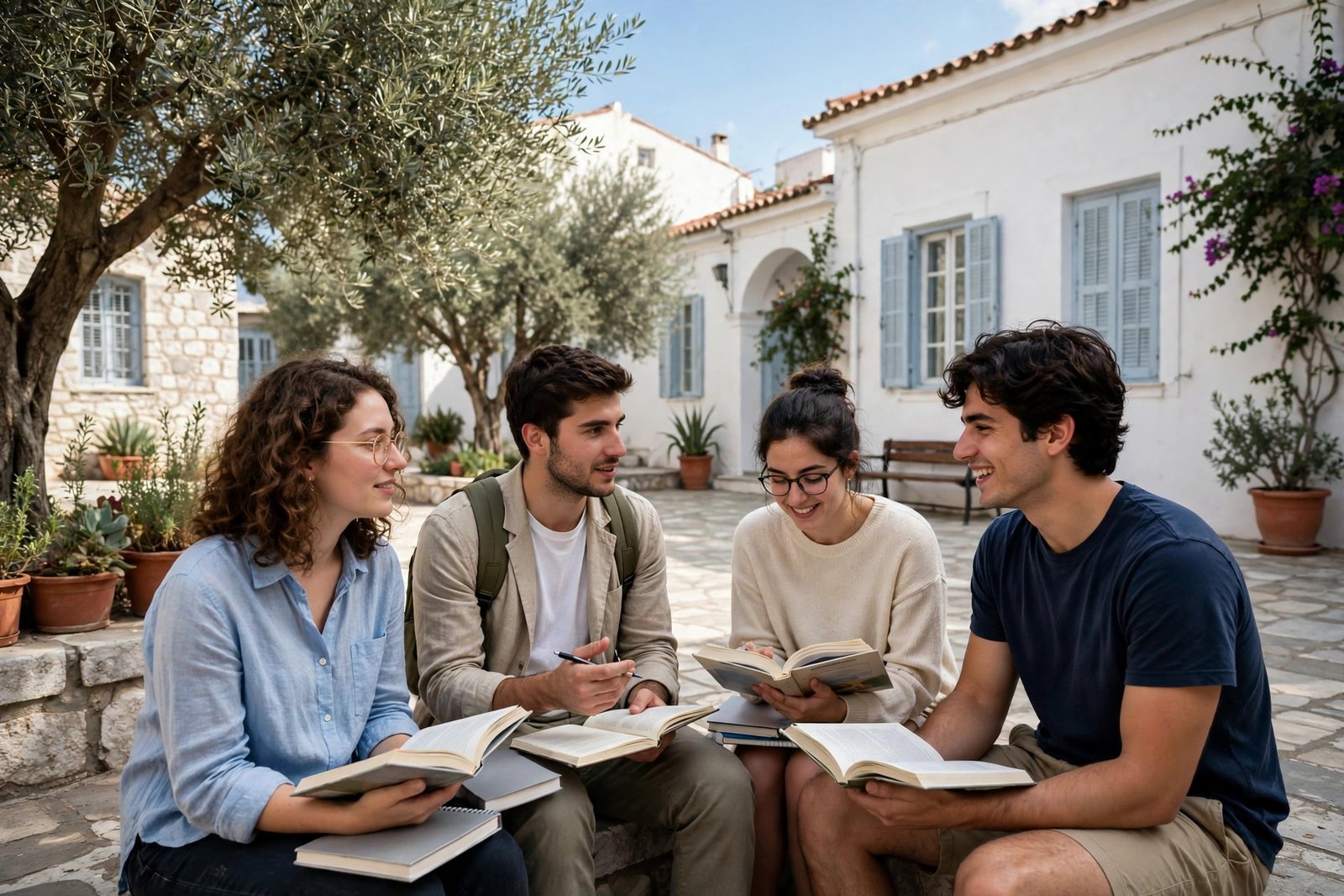 Students in a university courtyard in Thessaloniki researching scholarships in Greece for international students