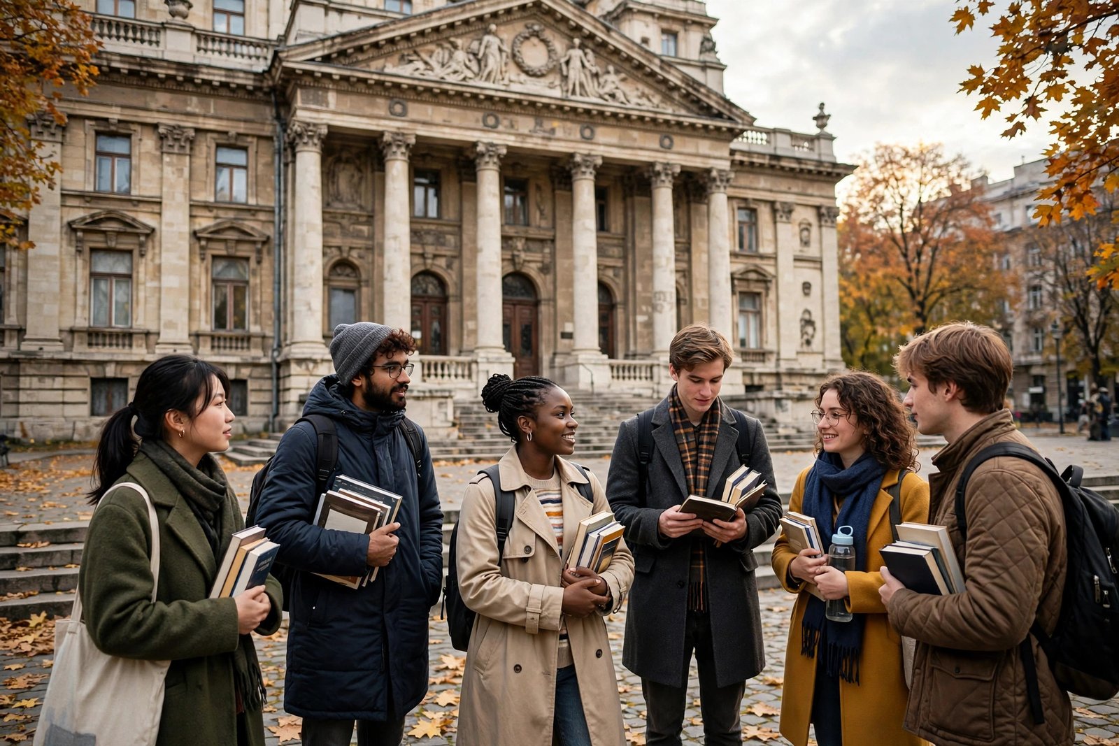 International students at a historic university in Bucharest applying for scholarships in Romania