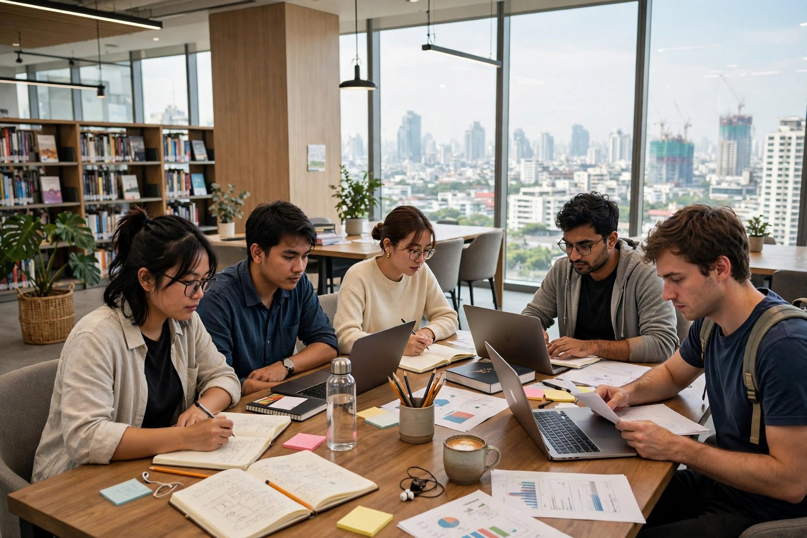 Graduate students researching in a university library while studying on scholarships in Thailand