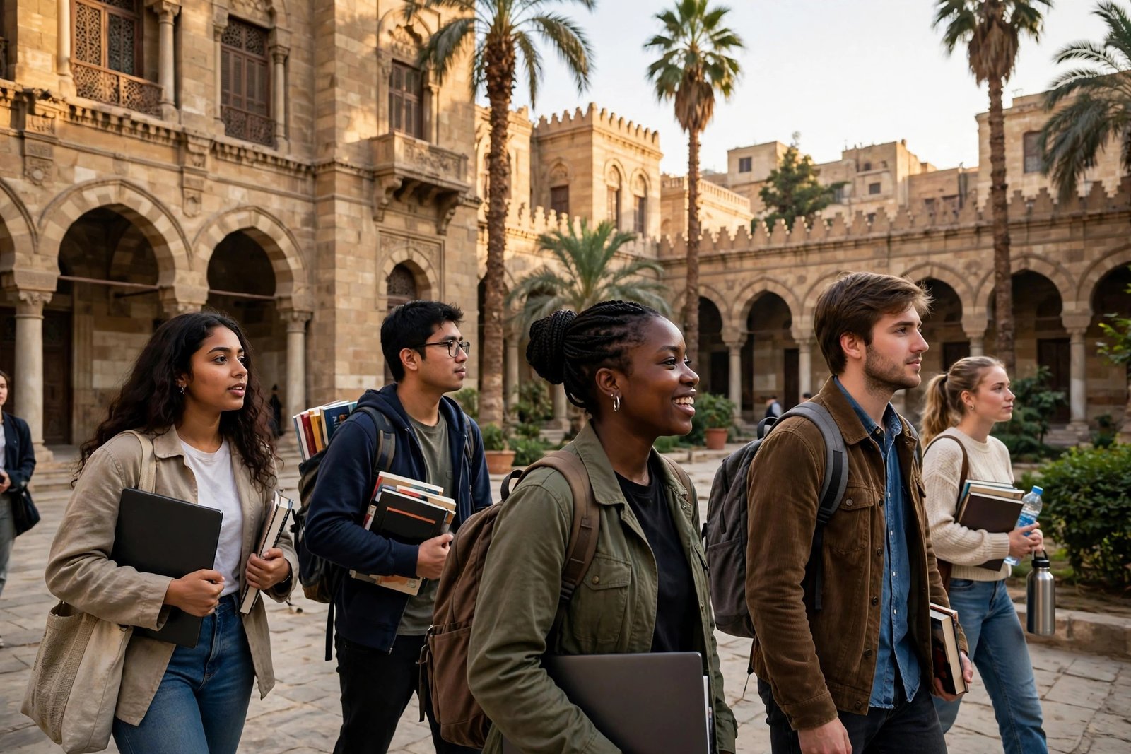 International students at a historic university in Cairo applying for scholarships in Egypt