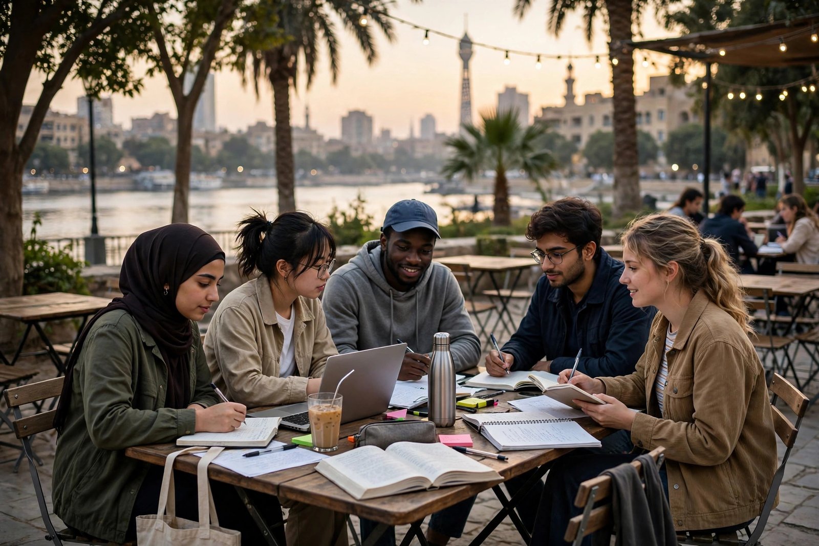 Students studying together on a Cairo campus while holding scholarships in Egypt