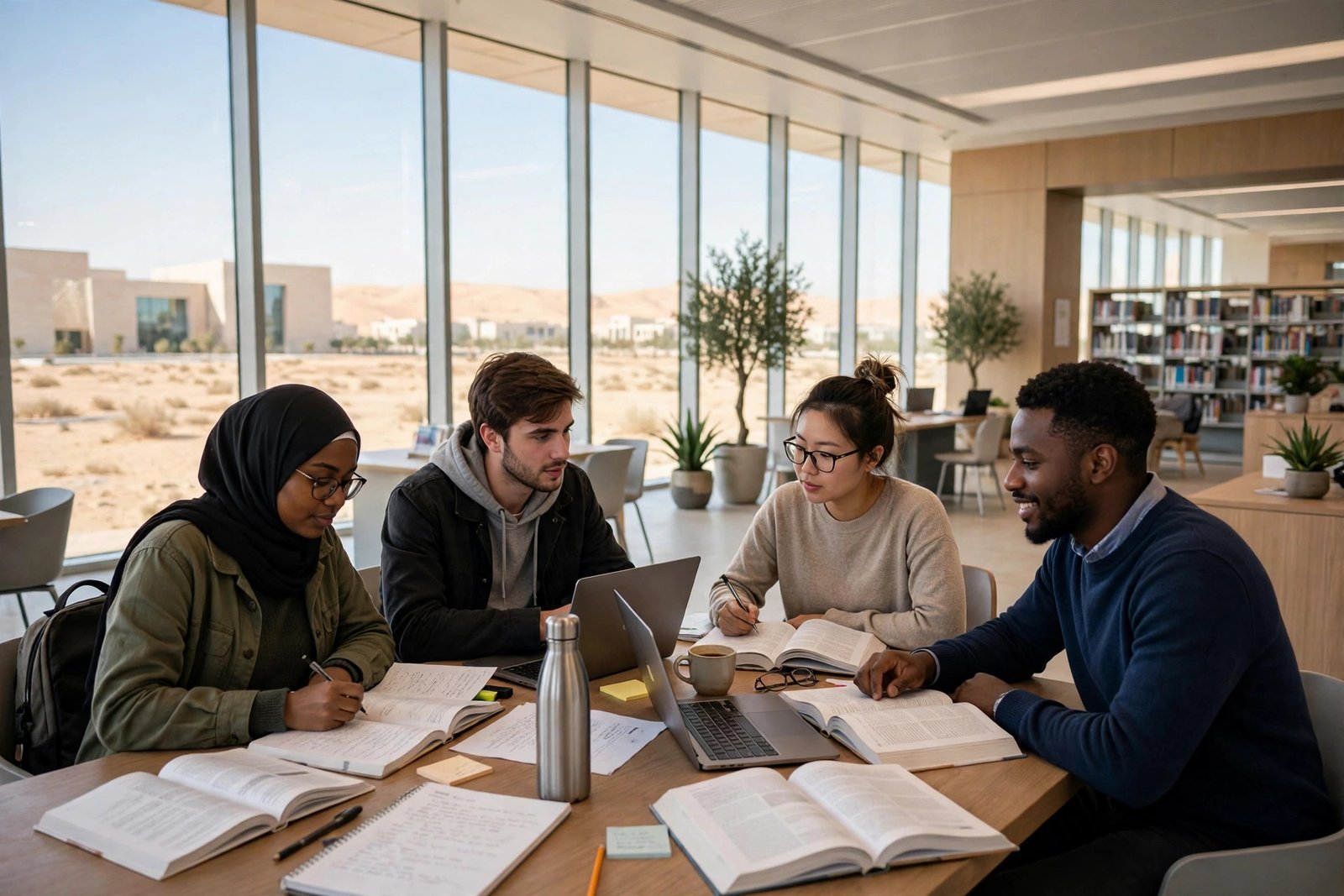 Graduate students researching in a modern library in Education City Doha for HBKU and Qatar scholarship applications