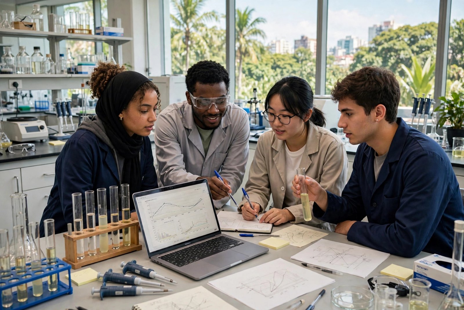 Postgraduate researchers in a Brazilian university laboratory funded by PEC-PG CAPES and CNPq scholarships in Brazil