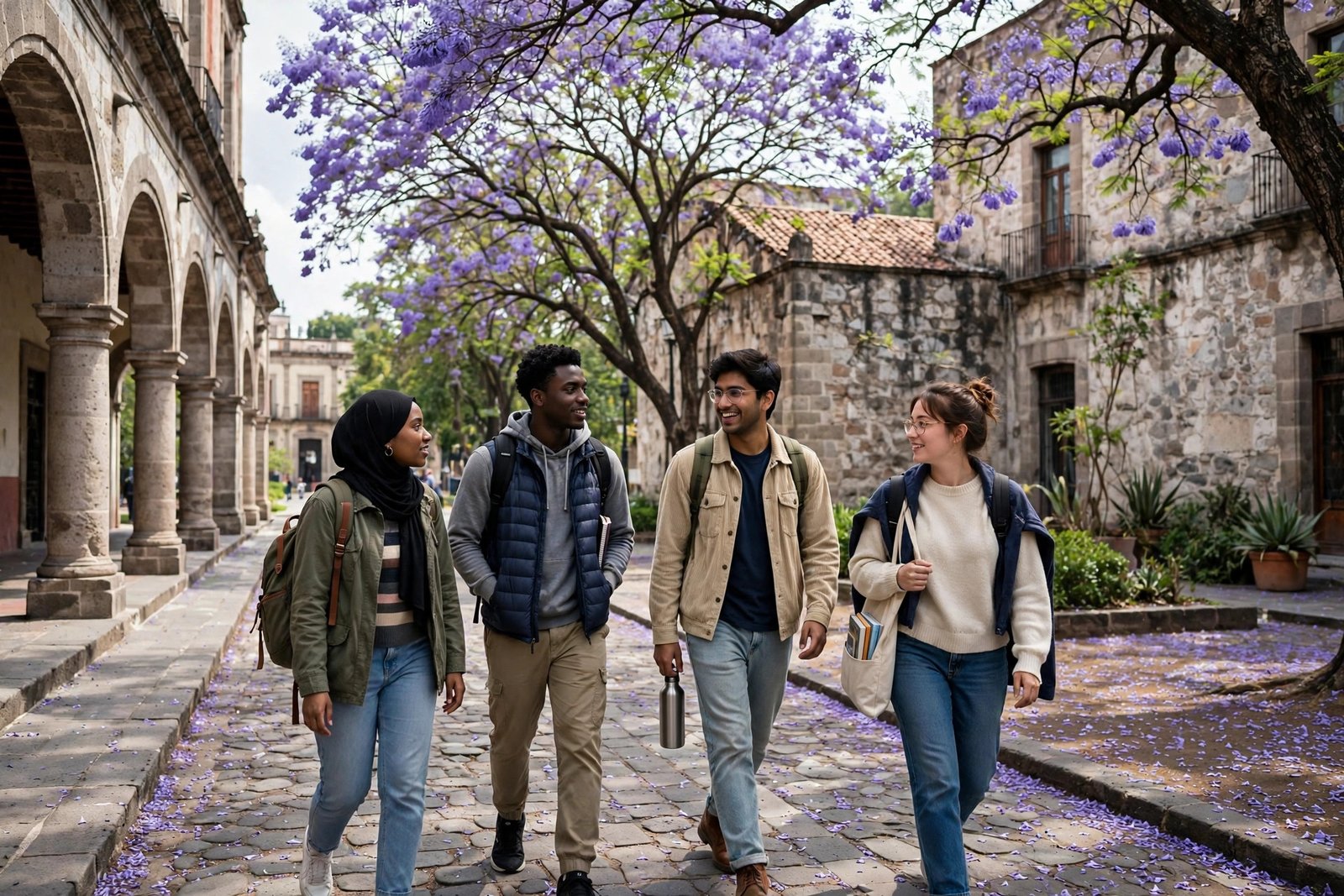 International students walking on a historic university campus in Mexico City while researching scholarships in Mexico for international students