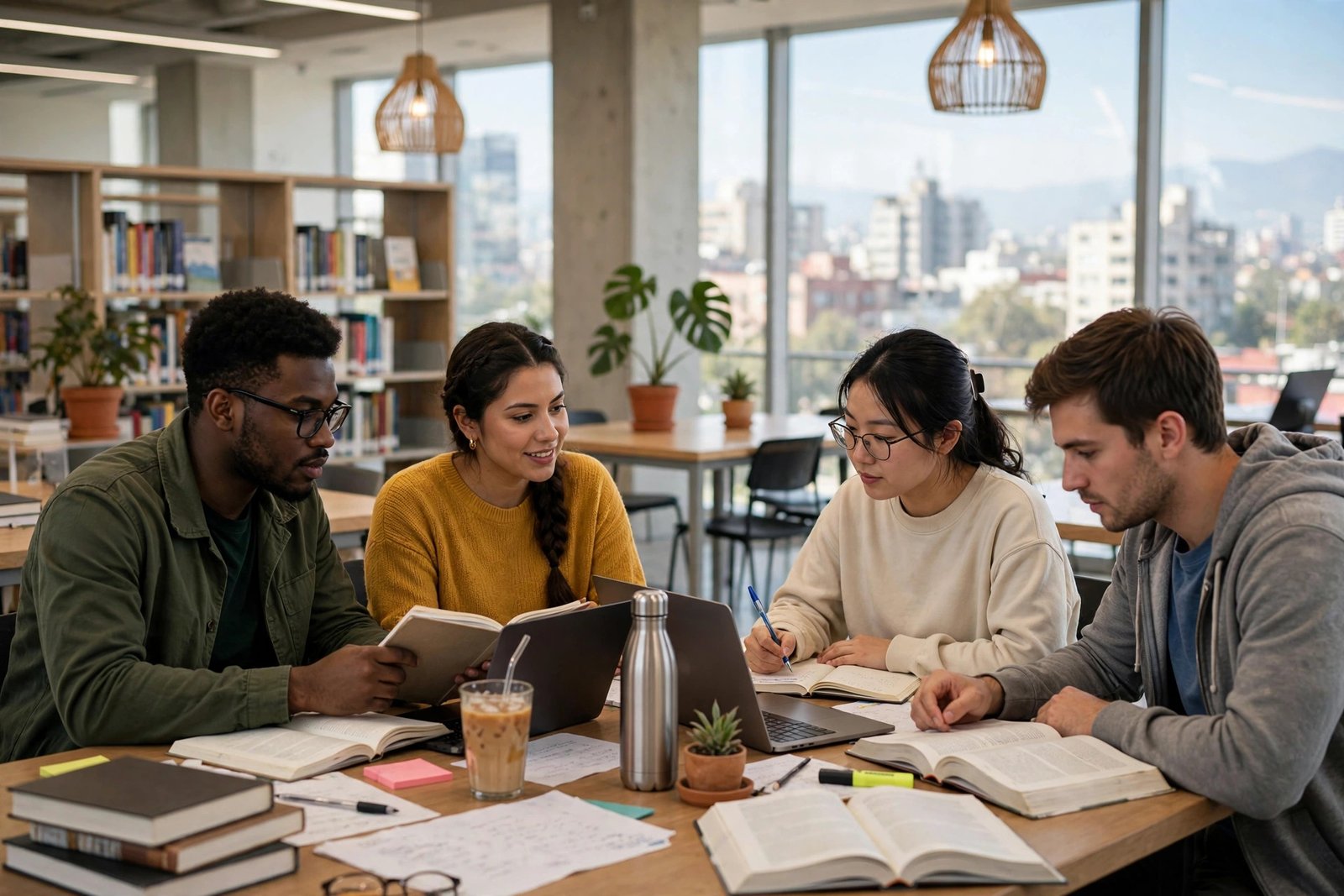 Graduate students studying together in a bright university library in Mexico while planning scholarship applications