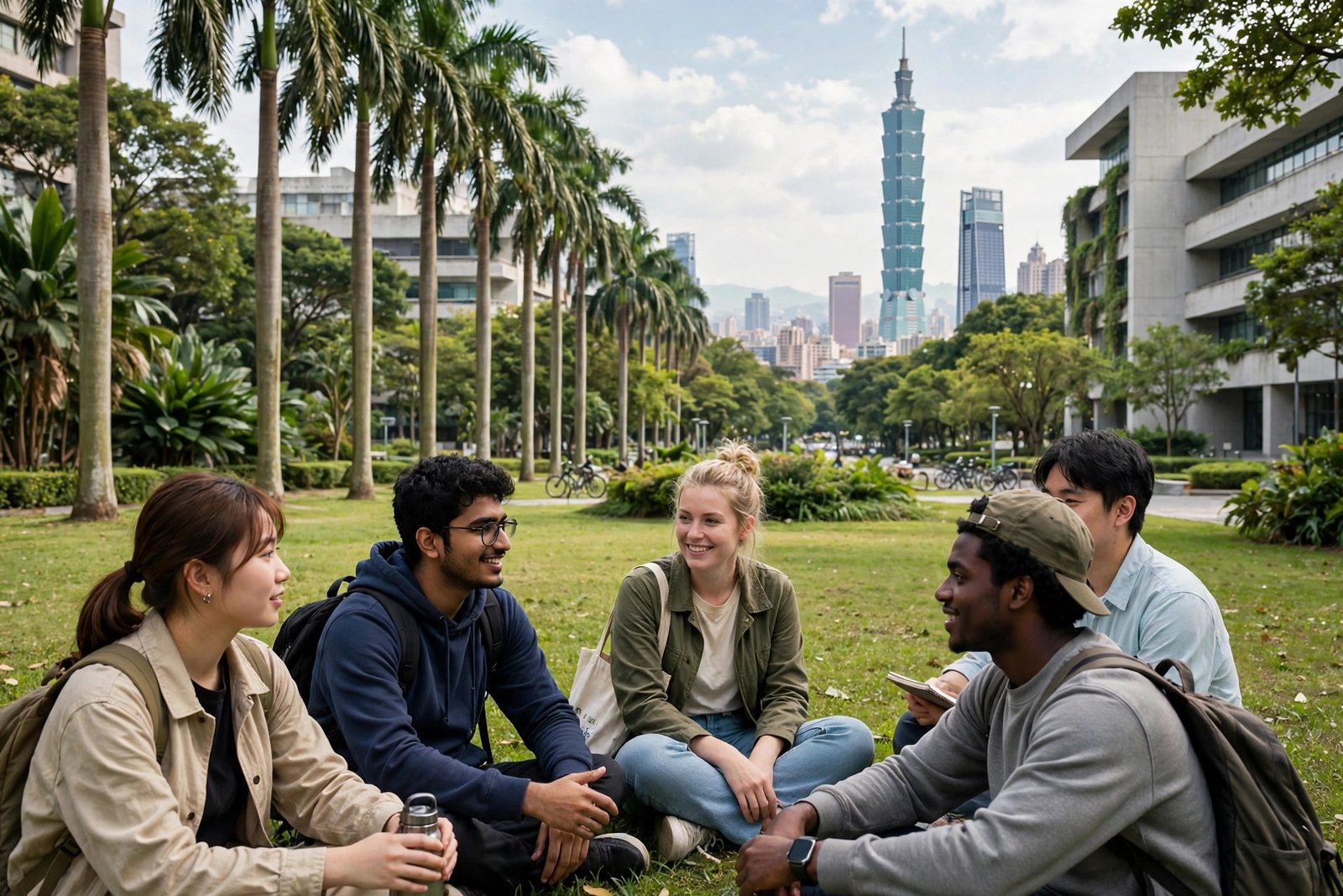 International students on a green university campus in Taipei researching scholarships in Taiwan for international students