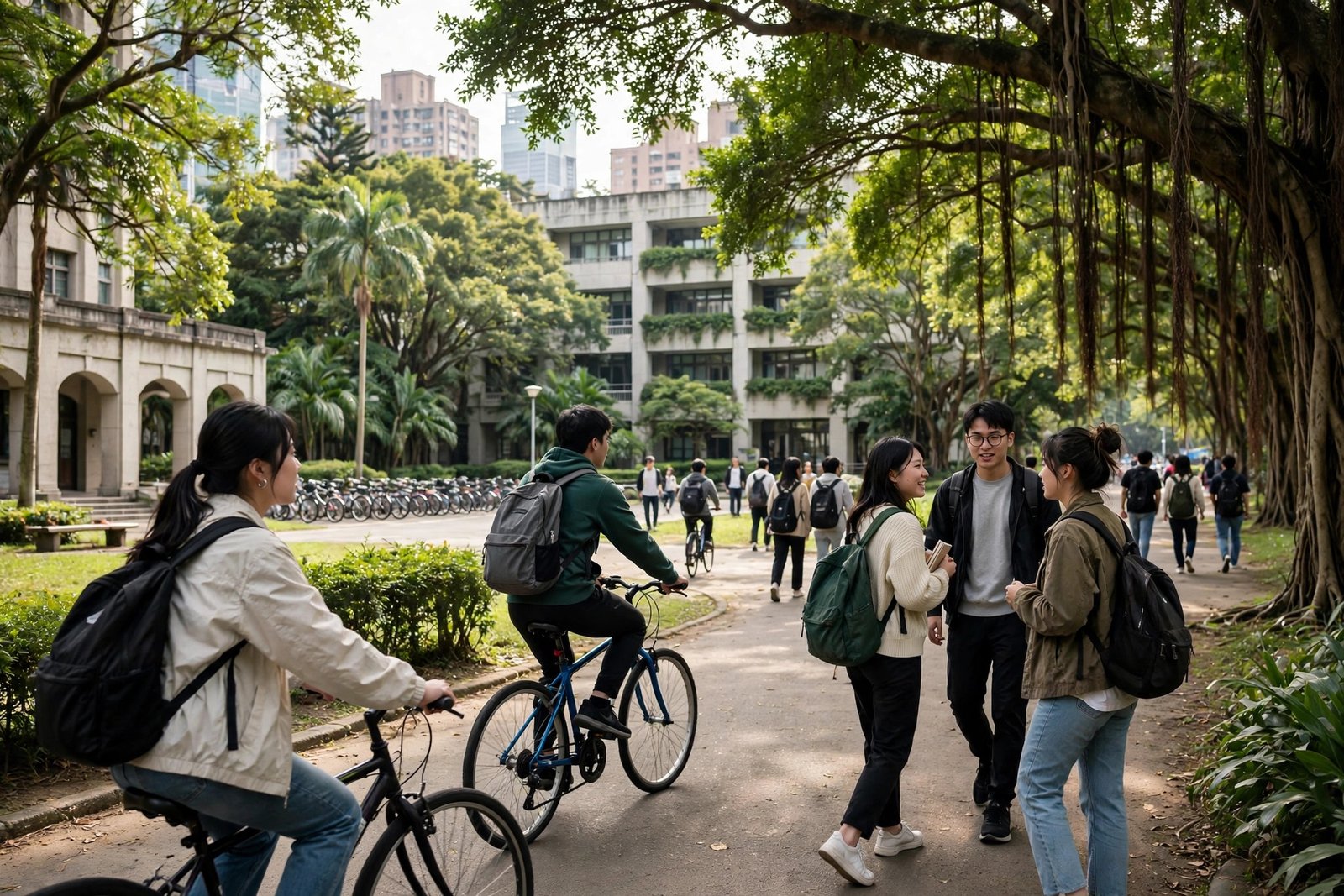 Students cycling and walking near a university campus in Taiwan during the scholarship application season