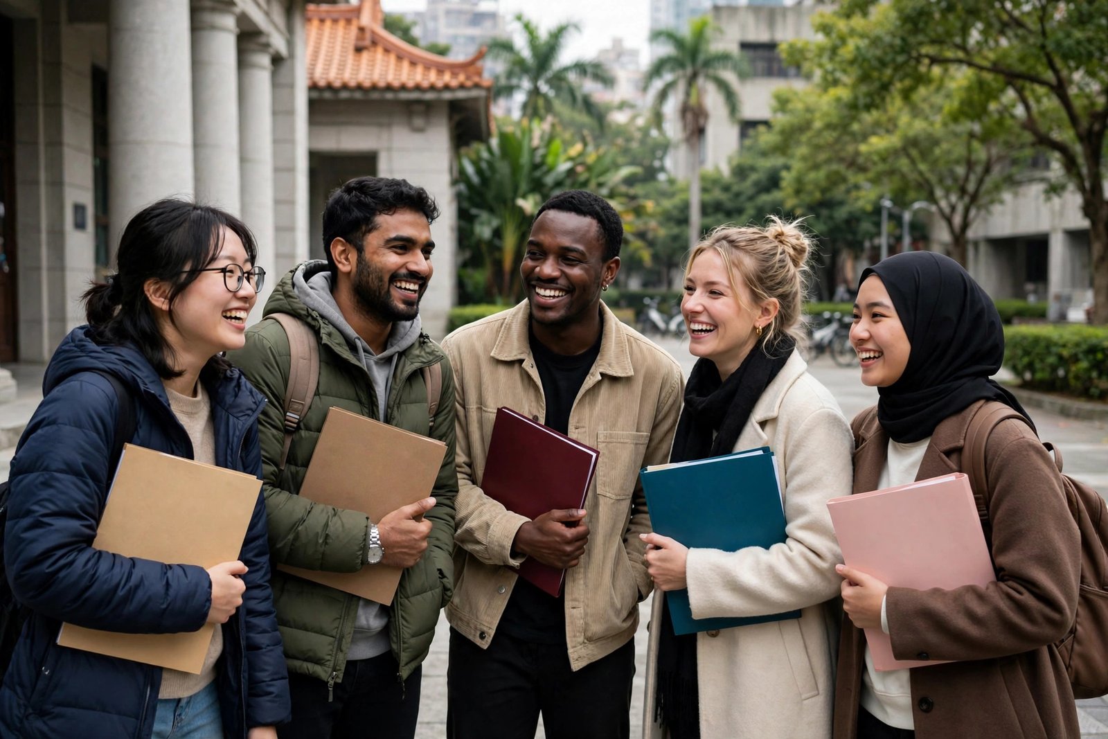 International graduate students celebrating a fully funded scholarship award outside a university in Taipei Taiwan