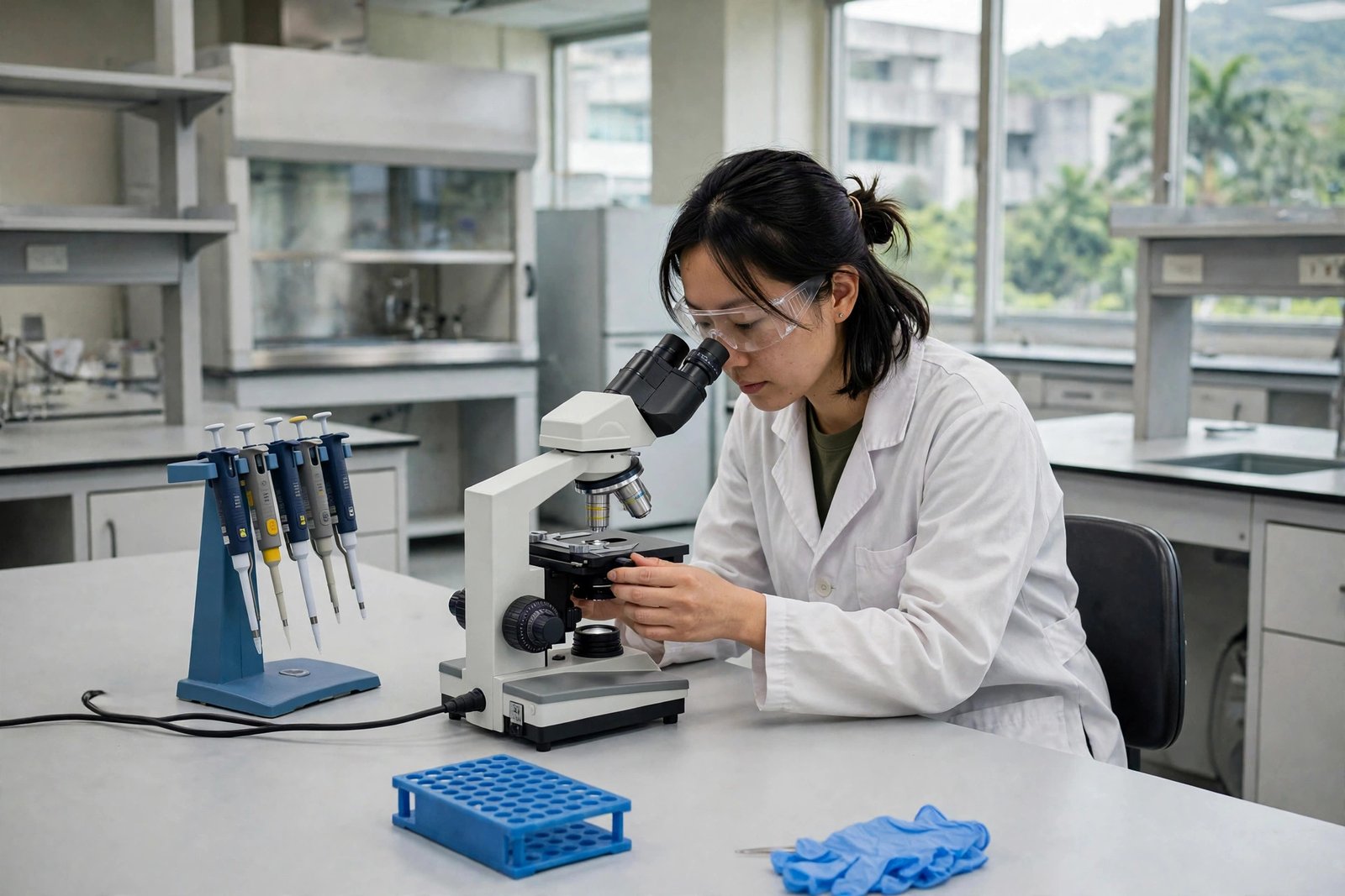 Doctoral researcher working in a modern university science laboratory in Taiwan on a fully funded scholarship