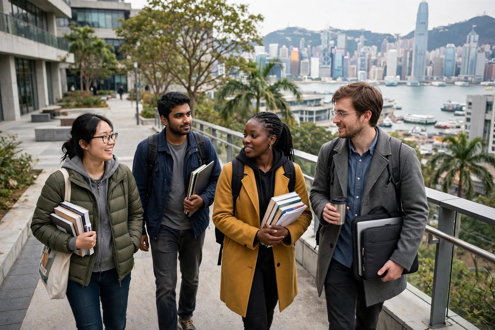 International PhD students on a university campus in Hong Kong with harbour skyline, scholarships in Hong Kong for international students