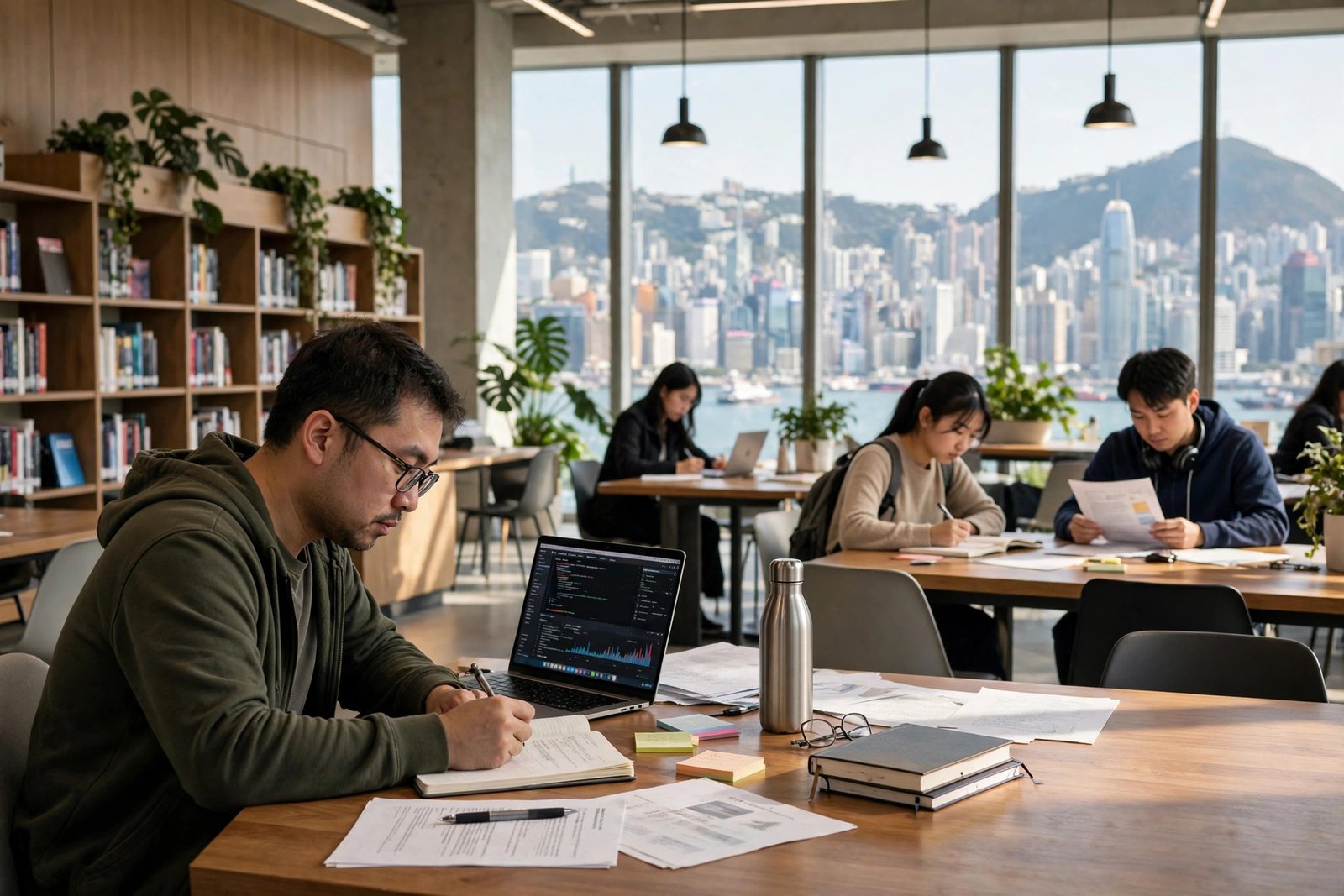 Doctoral researcher studying in a modern Hong Kong university library, Hong Kong PhD Fellowship Scheme guide