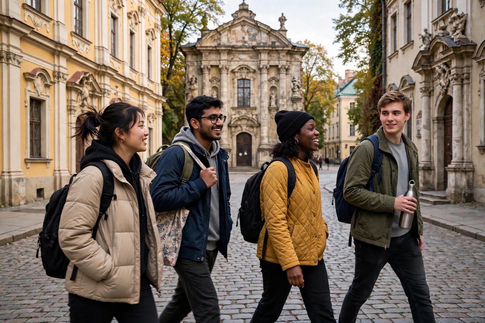 International students in Vilnius Old Town Lithuania near university campus, scholarships in Lithuania for international students