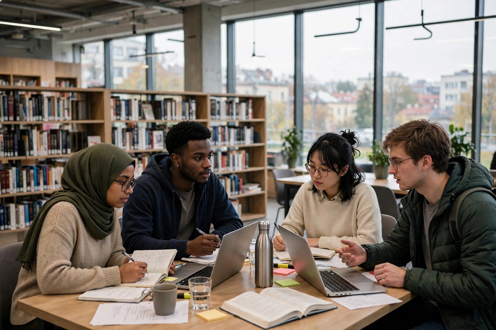 Graduate students studying in a modern university library in Kaunas Lithuania, Lithuanian state scholarships guide