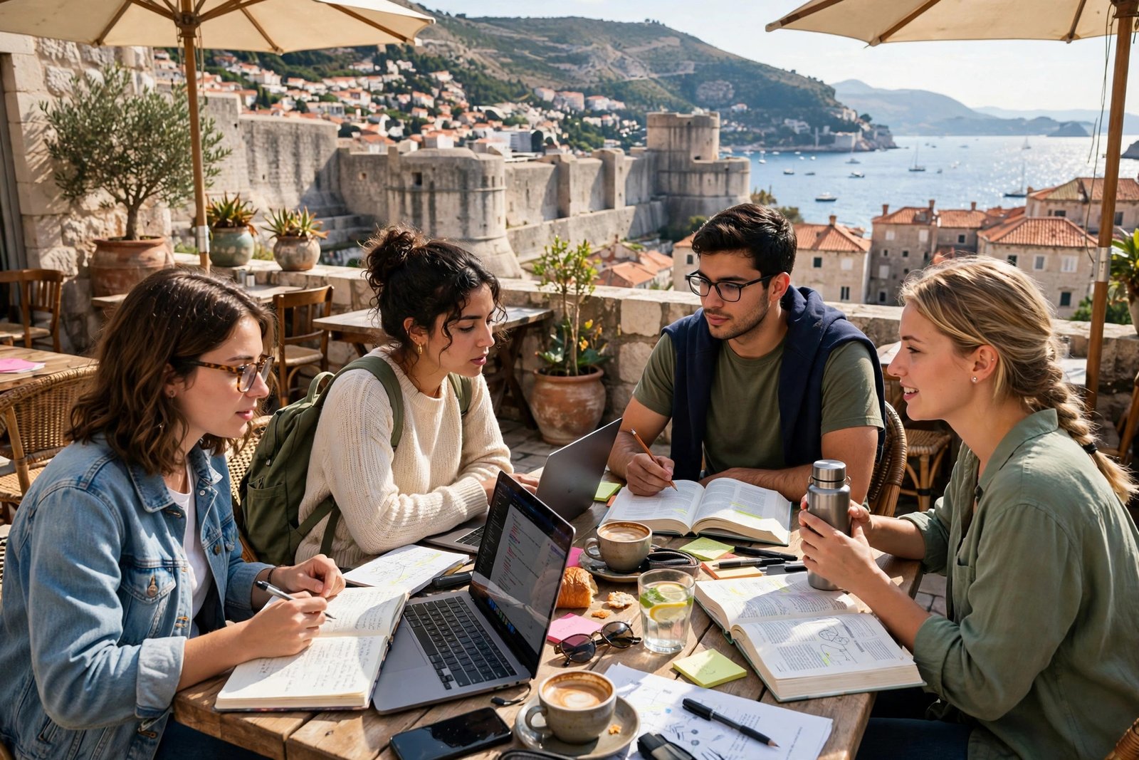Students studying together at a cafe terrace in Dubrovnik, a popular destination for scholarships in Croatia summer programmes