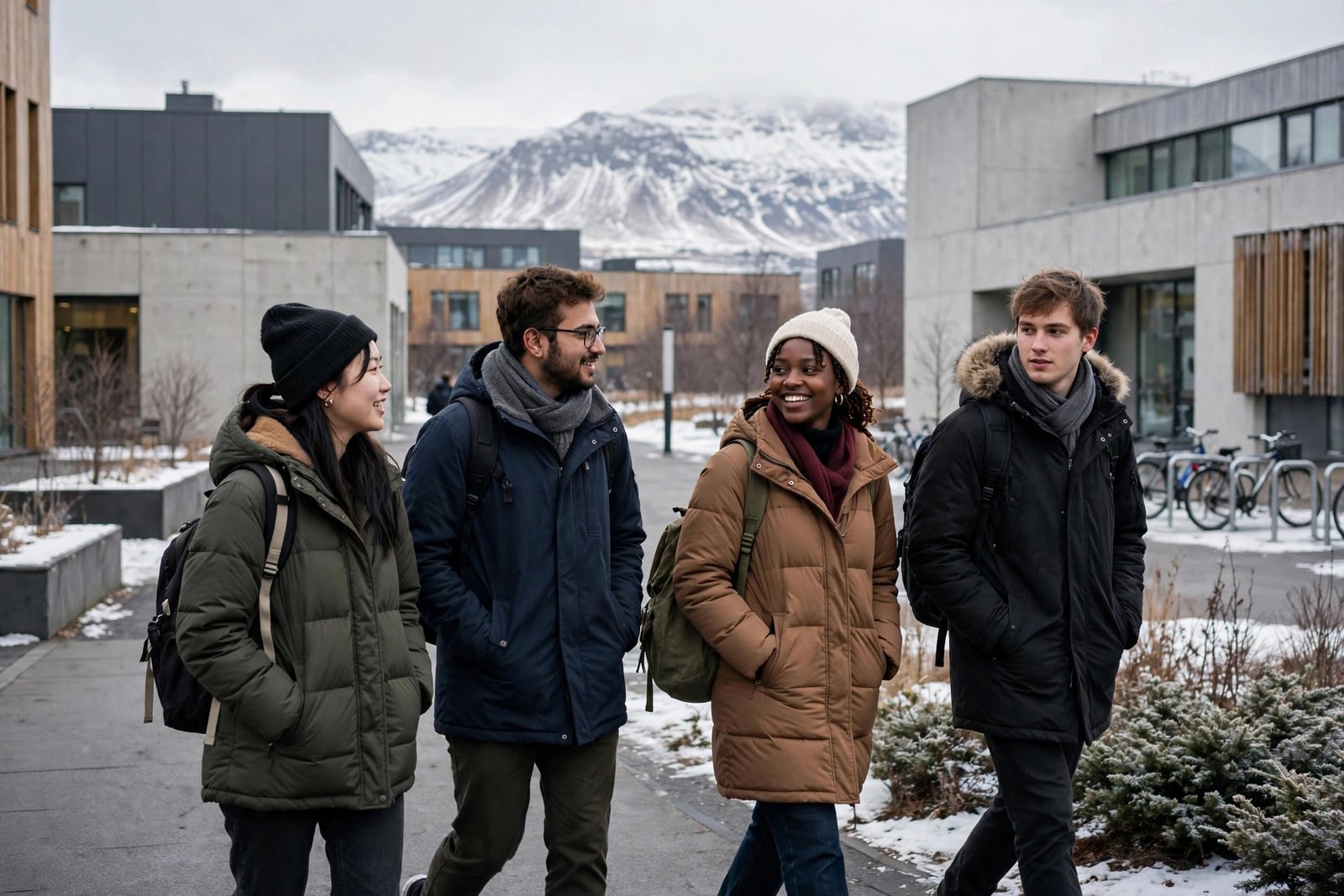International students in warm coats on a university campus in Reykjavik researching scholarships in Iceland for international students