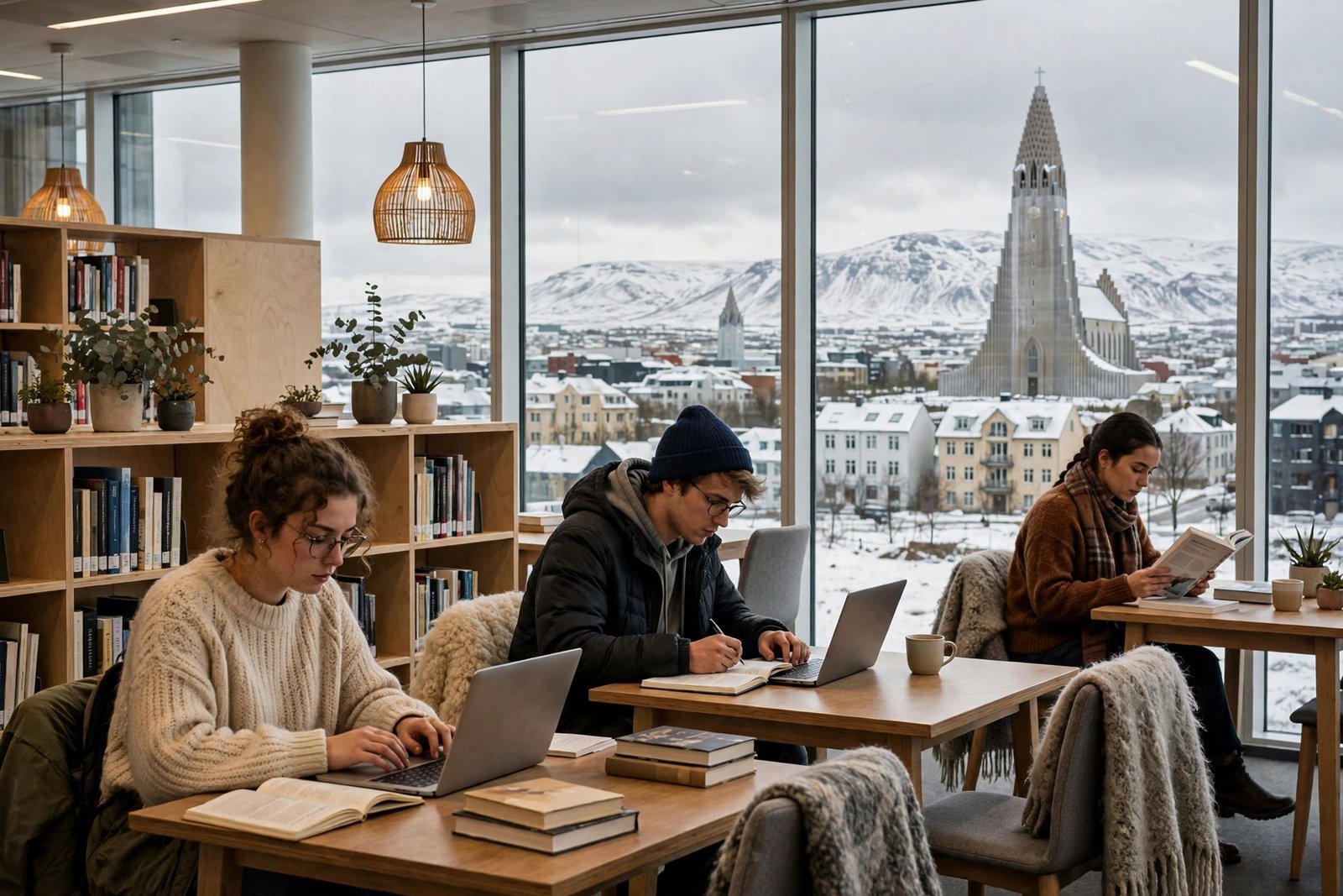 Students working on laptops in a bright Reykjavik university library while planning scholarships in Iceland and living costs