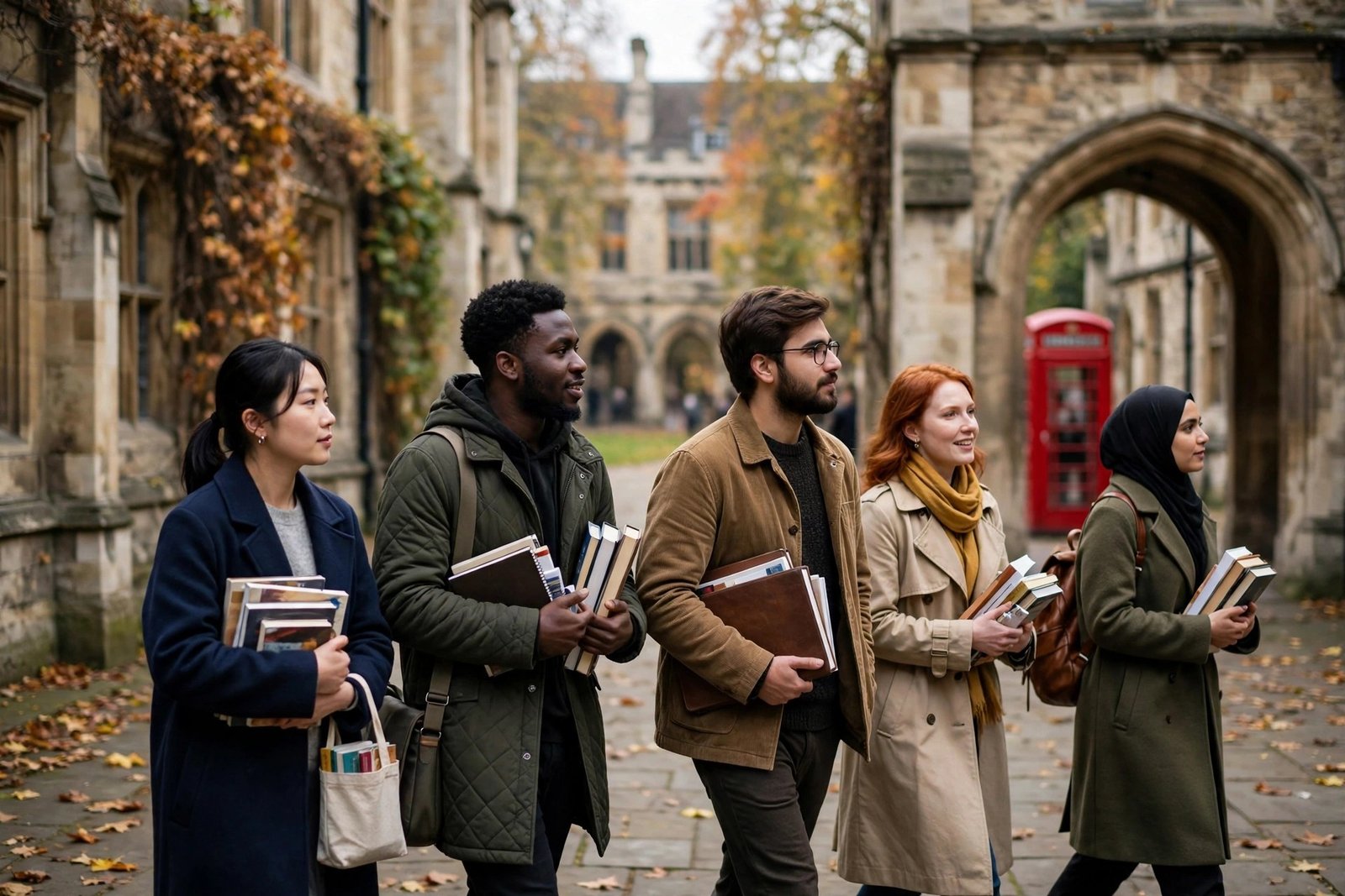 International graduate students walking across a historic UK university courtyard, Chevening Scholarship UK