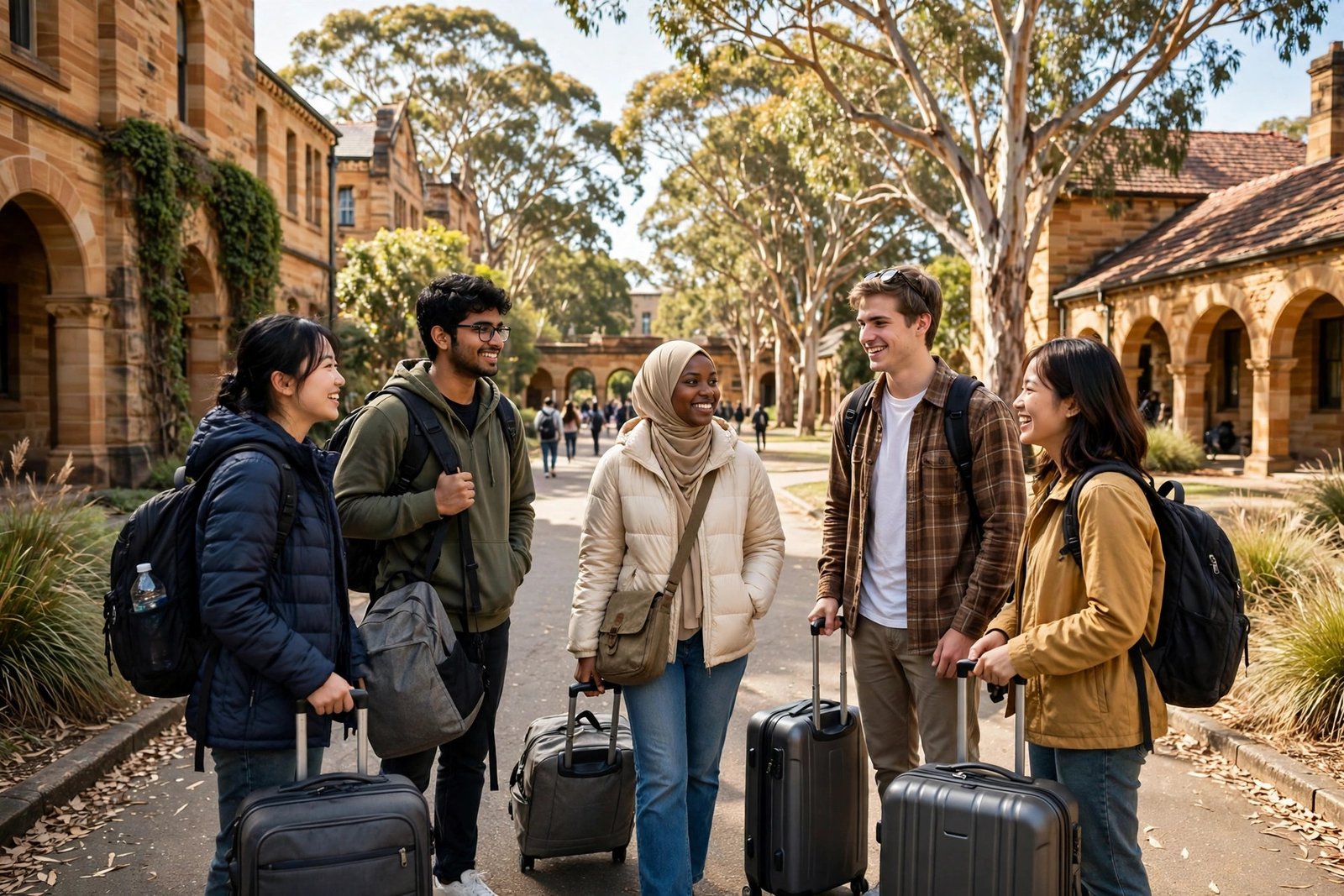 Australia Awards scholars arriving at an Australian university campus for orientation